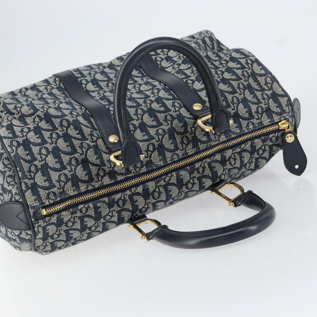 Christian Dior Trotter Canvas Boston Bag Navy Gold Auth 151345V