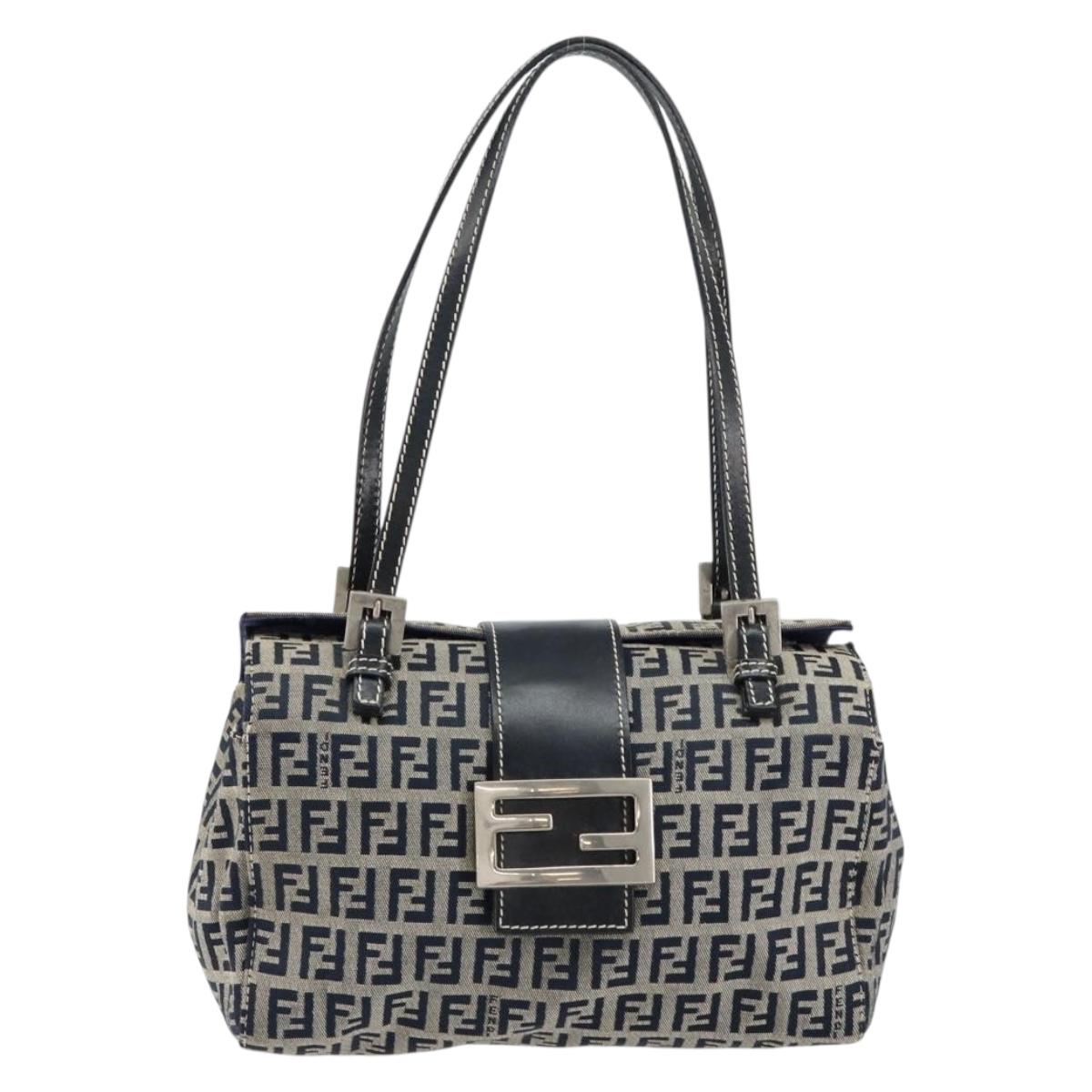 FENDI Zucchino Canvas Hand Bag Navy Silver Auth 151349