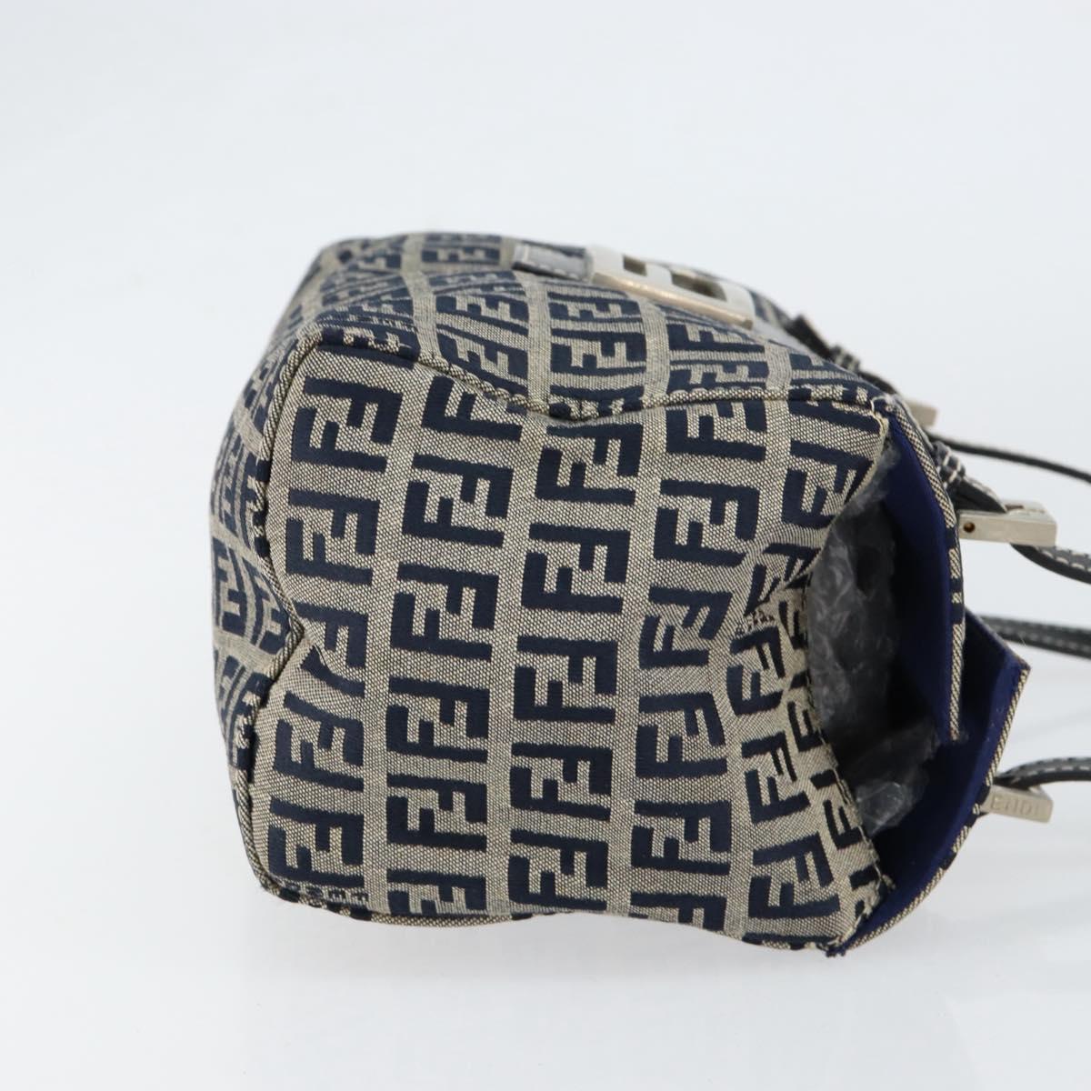 FENDI Zucchino Canvas Hand Bag Navy Silver Auth 151349