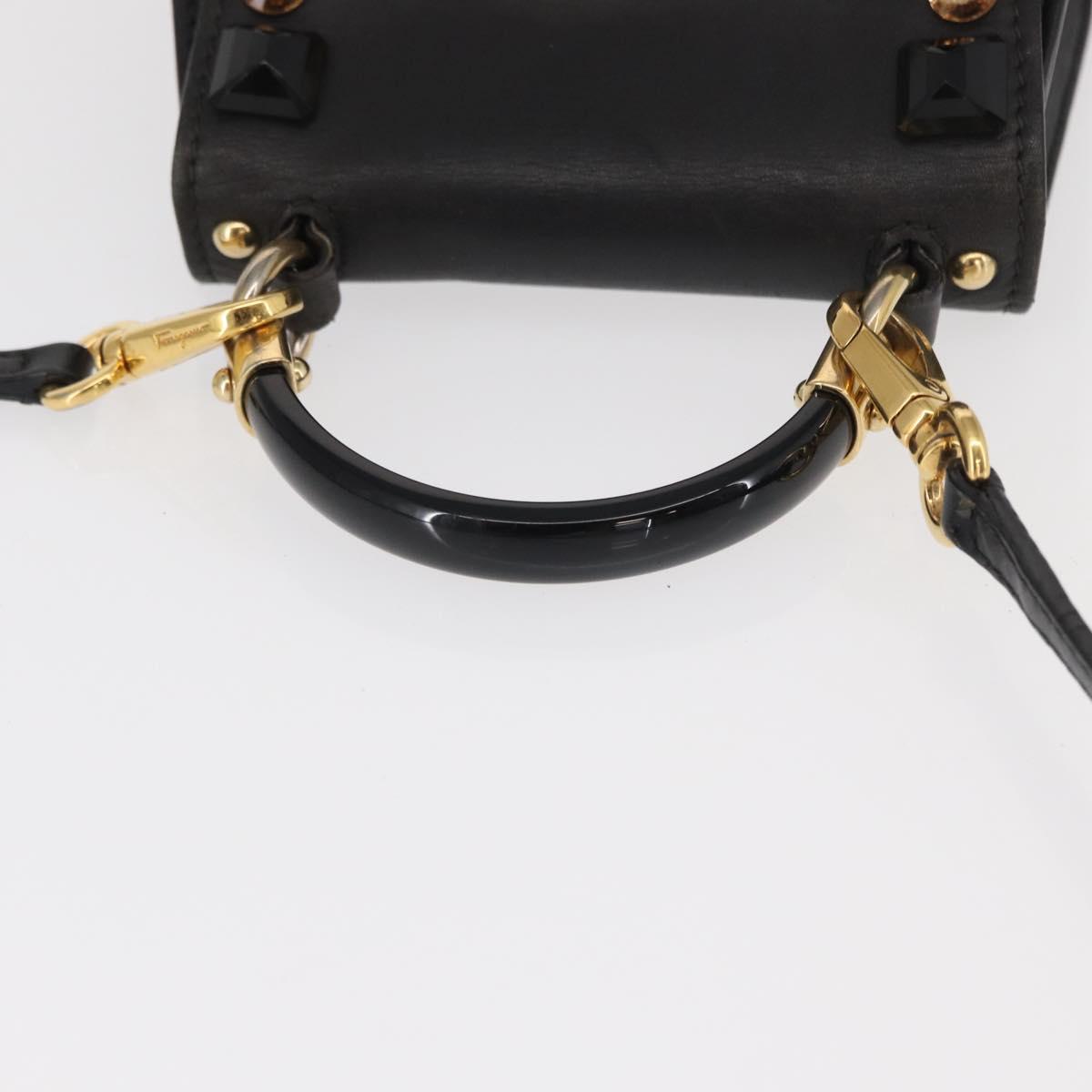 Salvatore Ferragamo Gancini Hand Bag Leather 2way Black Gold Auth 151370