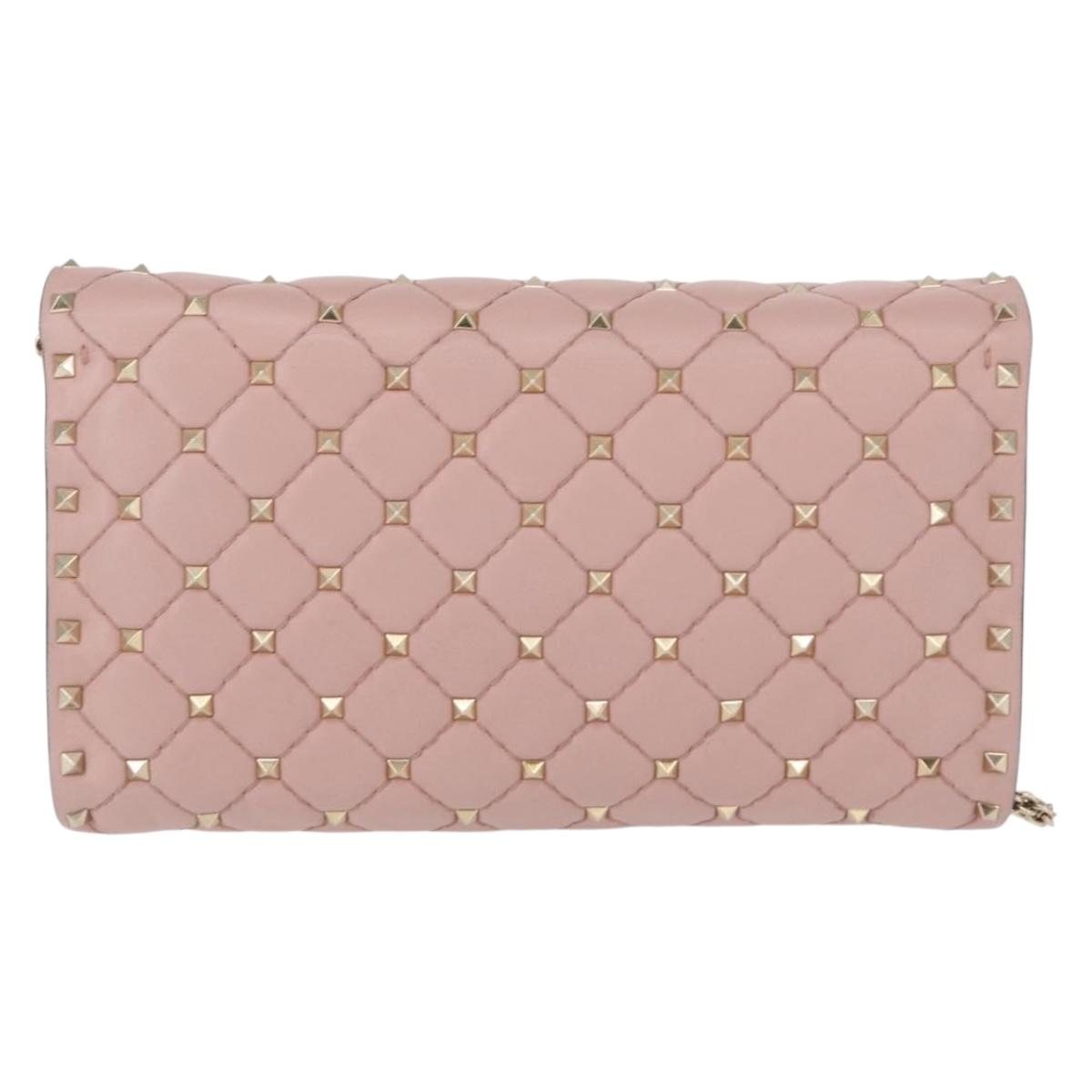 VALENTINO Chain Shoulder Bag Leather Pink Gold Auth 151371