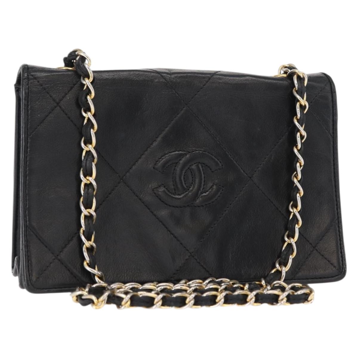 CHANEL Matelasse Chain Shoulder Bag Lamb Skin Black Gold CC Auth 151404