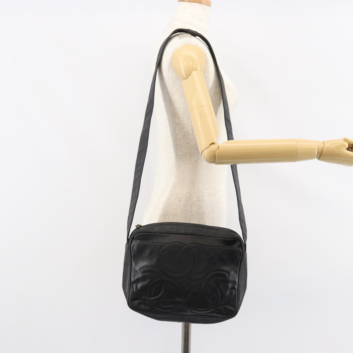 CHANEL Triple COCO Mark Shoulder Bag Caviar Skin Black Gold CC Auth 151405