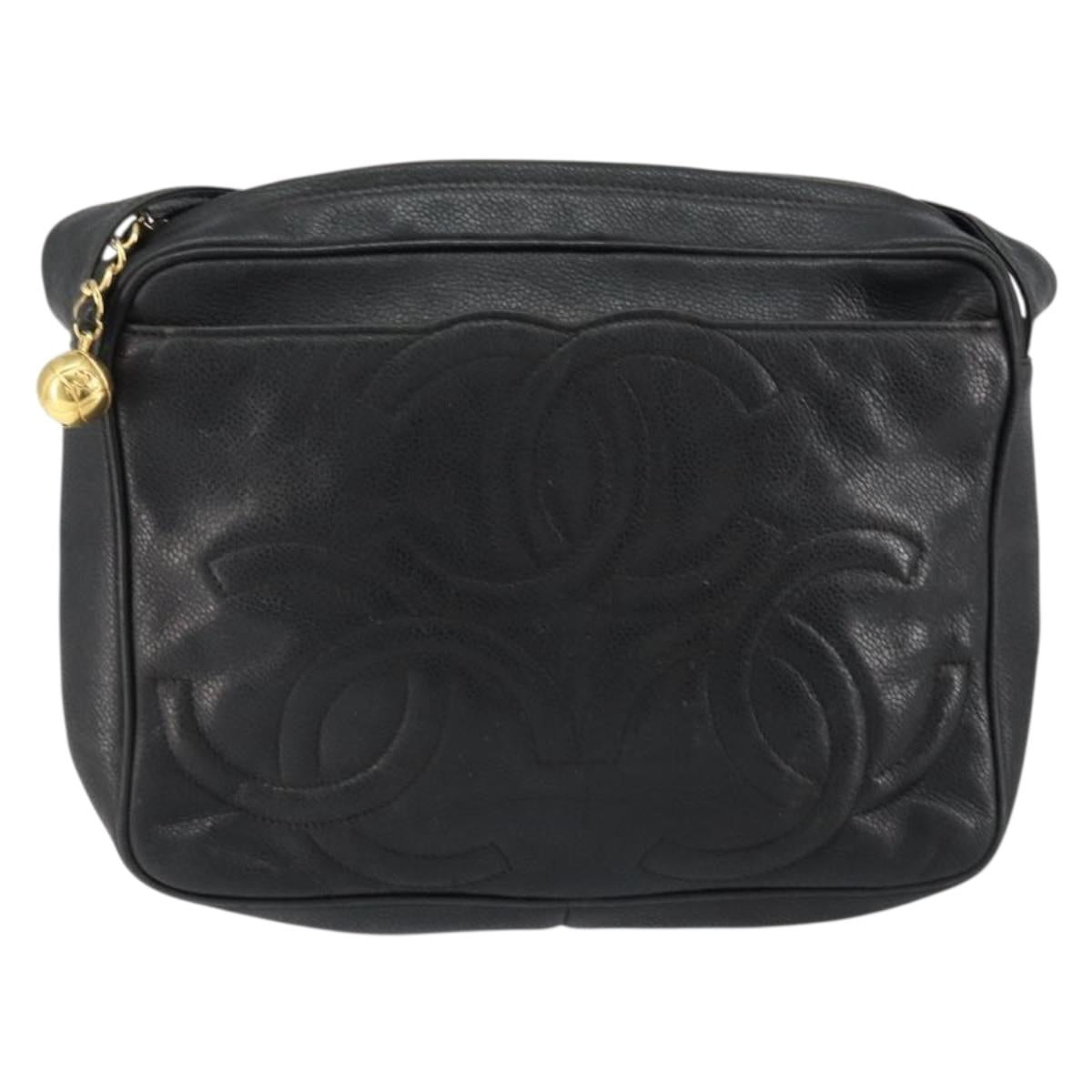 CHANEL Triple COCO Mark Shoulder Bag Caviar Skin Black Gold CC Auth 151405