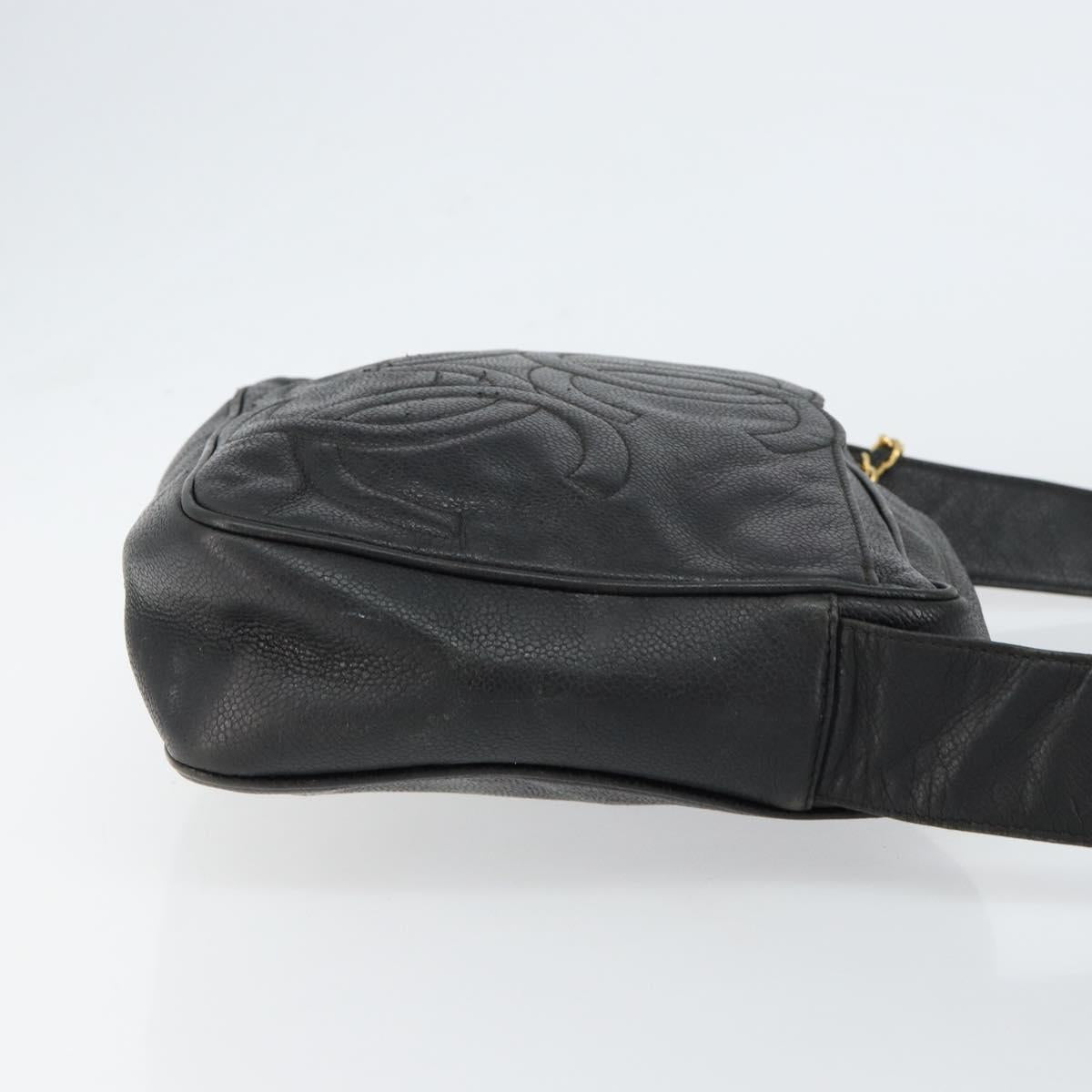 CHANEL Triple COCO Mark Shoulder Bag Caviar Skin Black Gold CC Auth 151405