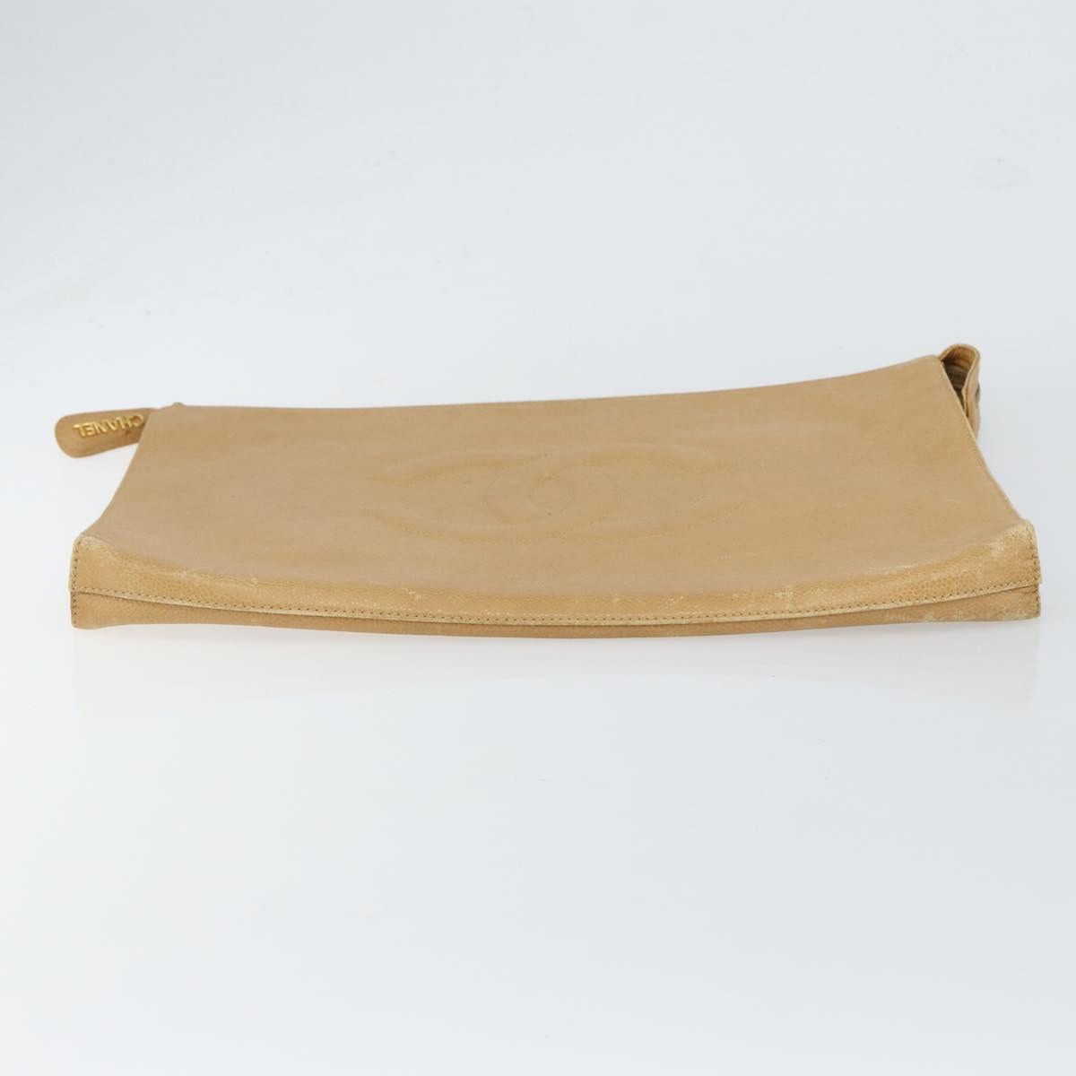 CHANEL COCO Mark Document Case Clutch Bag Caviar Skin Beige Gold CC Auth 151406