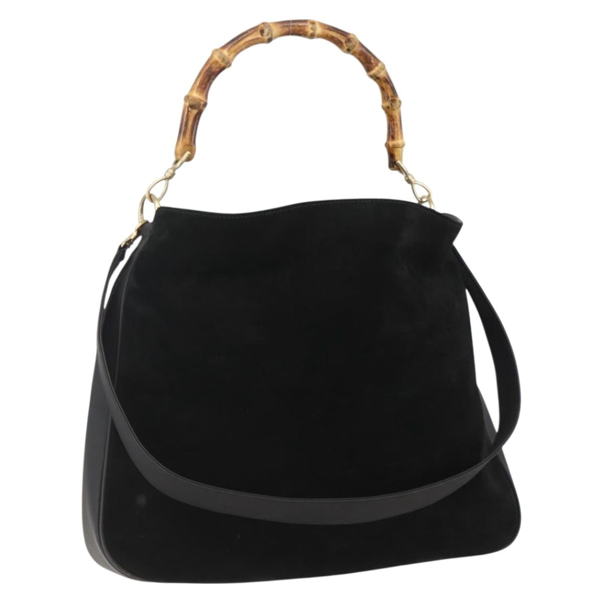 GUCCI Bamboo Shoulder Bag Suede 2way Black Gold 001 1577 2123 Auth 151425