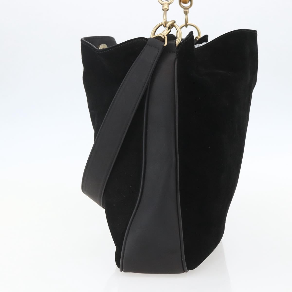 GUCCI Bamboo Shoulder Bag Suede 2way Black Gold 001 1577 2123 Auth 151425