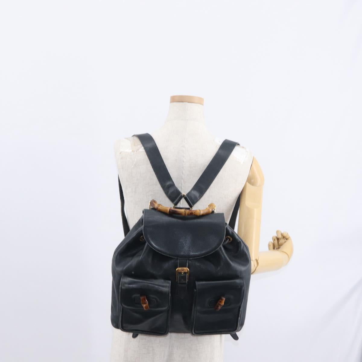 GUCCI Bamboo Backpack Leather Navy Gold 003 2058 0016 Auth 151451