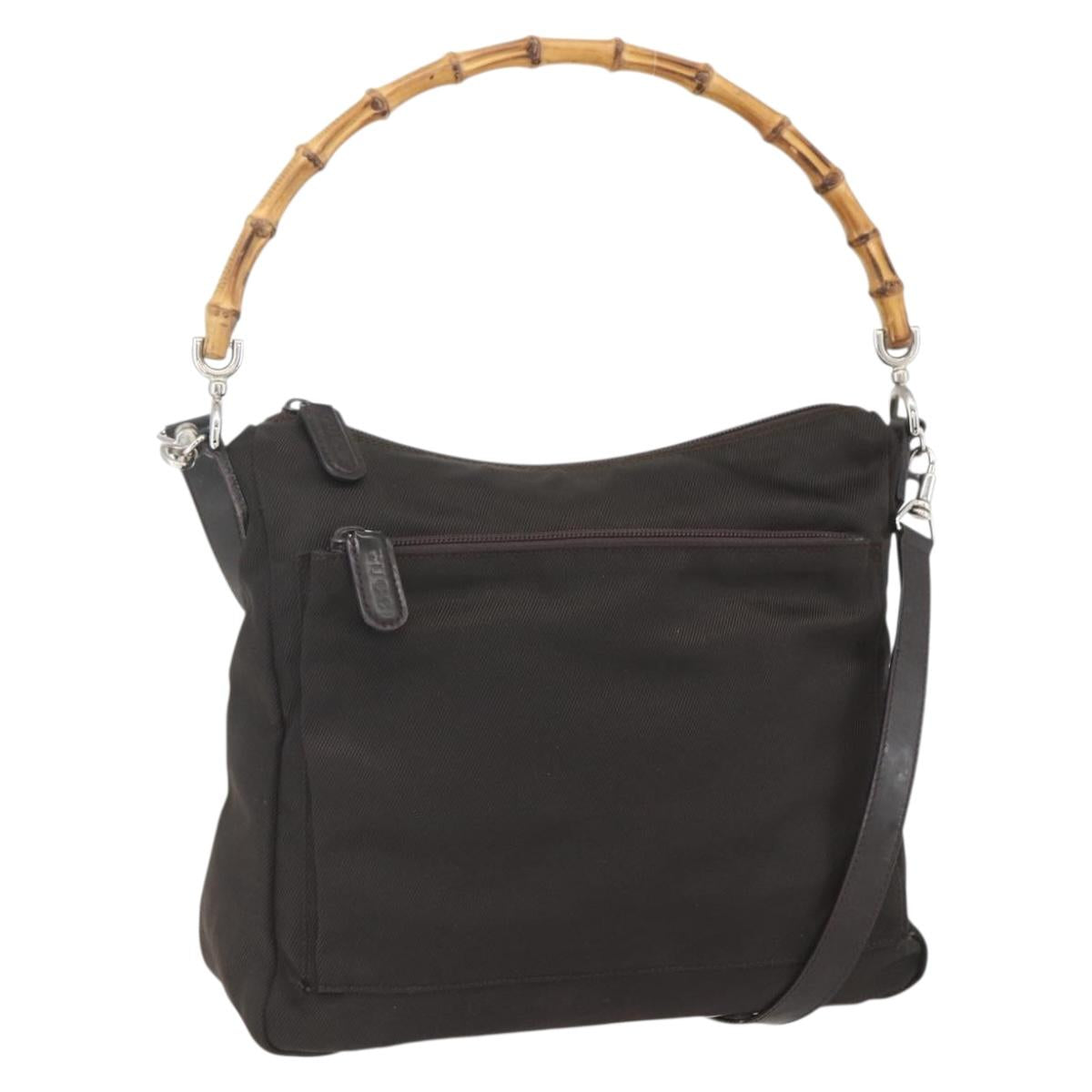 GUCCI Bamboo Shoulder Bag Nylon 2way Brown Silver Auth 151470