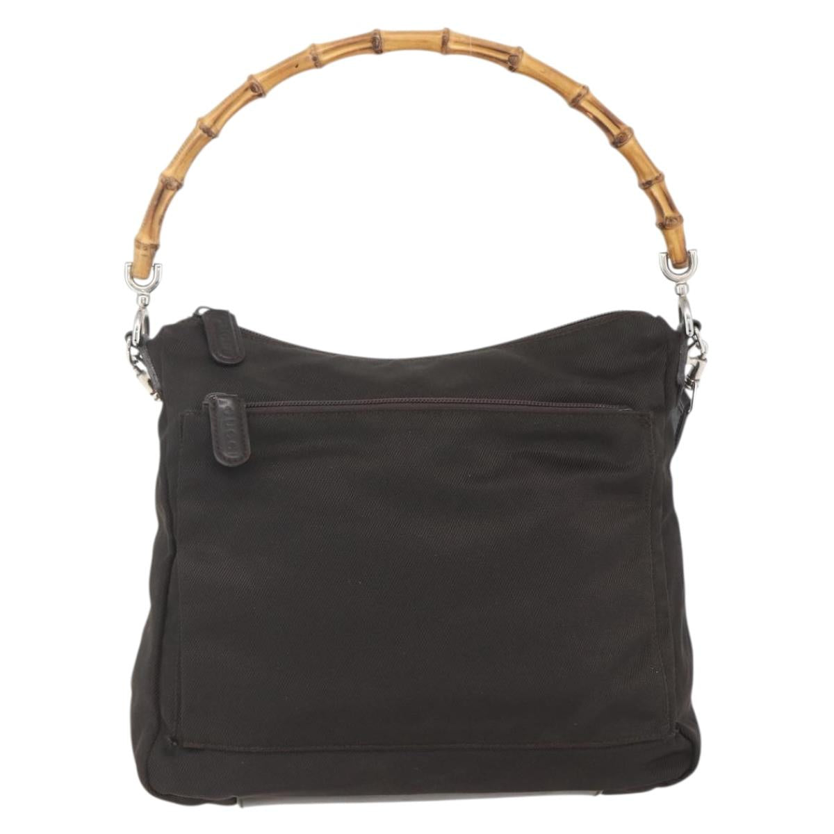 GUCCI Bamboo Shoulder Bag Nylon 2way Brown Silver Auth 151470