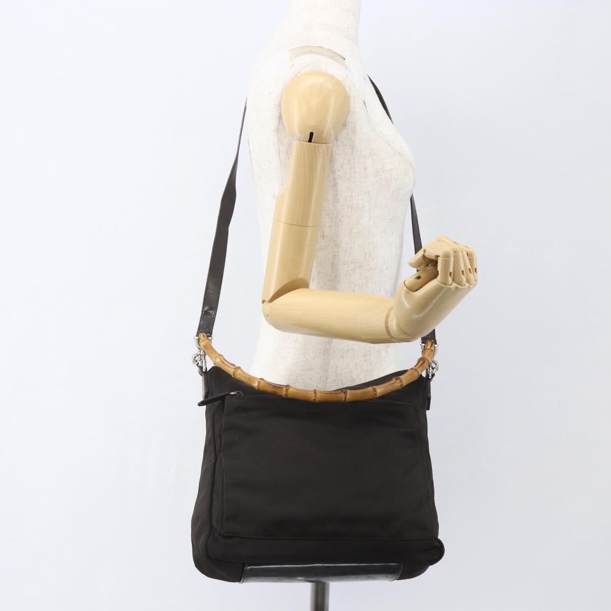 GUCCI Bamboo Shoulder Bag Nylon 2way Brown Silver Auth 151470