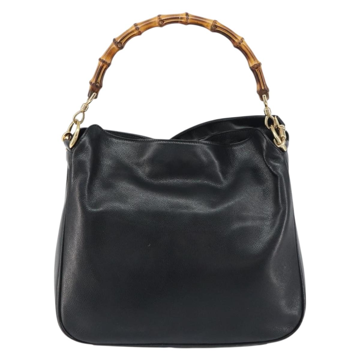 GUCCI Bamboo Shoulder Bag Leather 2way Black Gold 001 3444 1638 Auth 151473