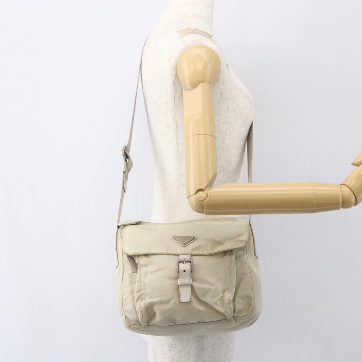 PRADA Shoulder Bag Nylon Beige Silver Auth 151497