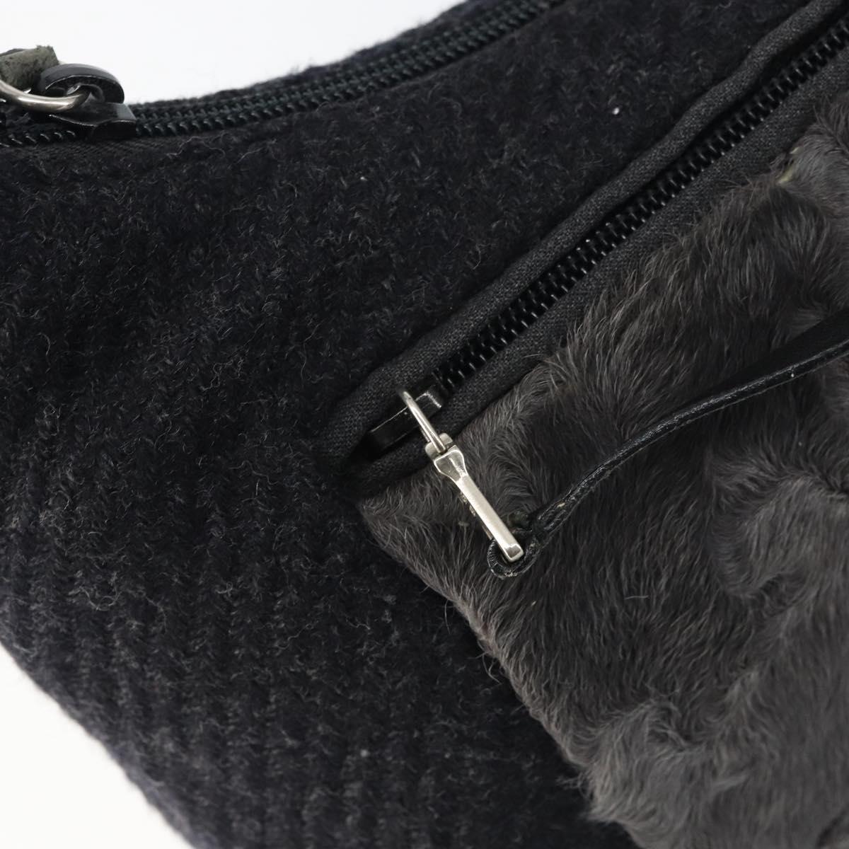 PRADA Shoulder Bag Wool Black Silver Auth 151503