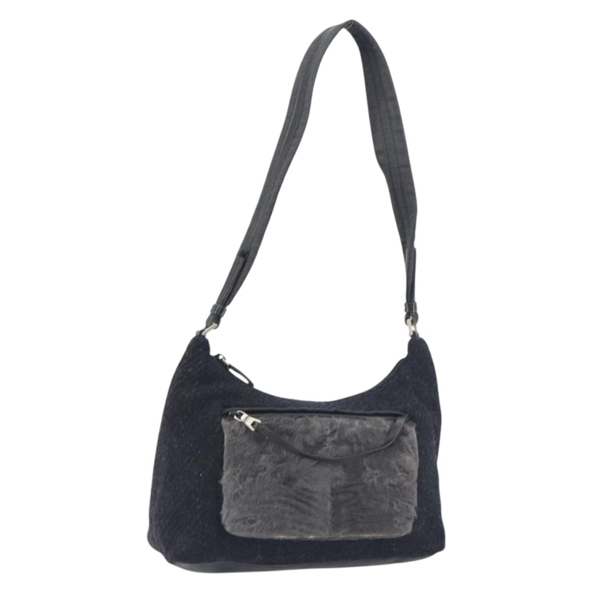 PRADA Shoulder Bag Wool Black Silver Auth 151503