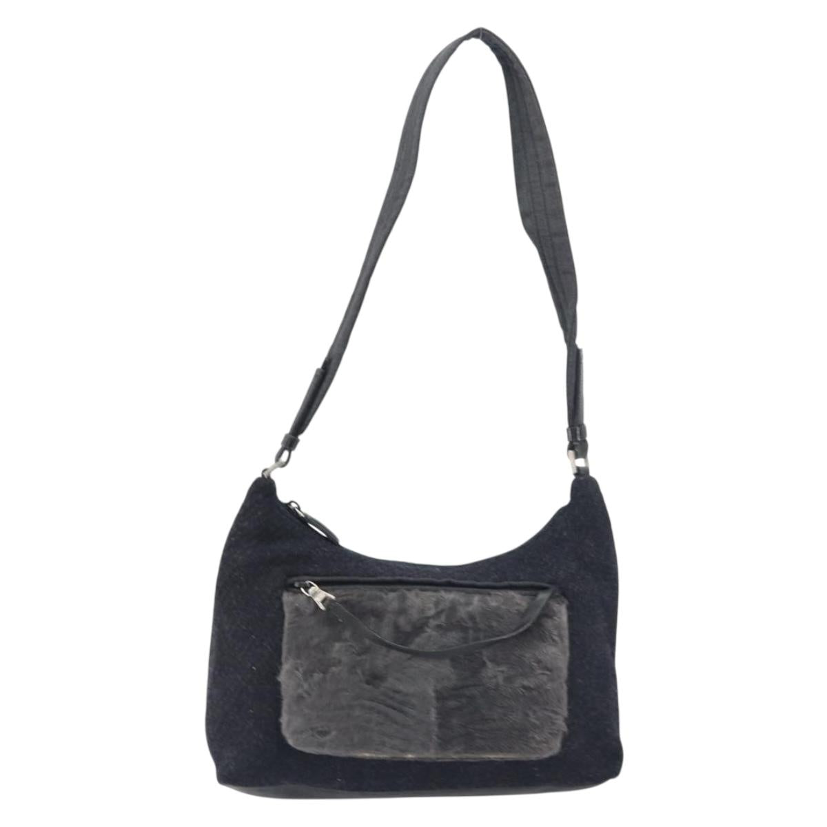 PRADA Shoulder Bag Wool Black Silver Auth 151503