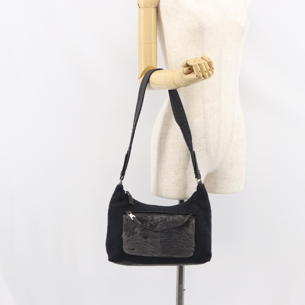 PRADA Shoulder Bag Wool Black Silver Auth 151503