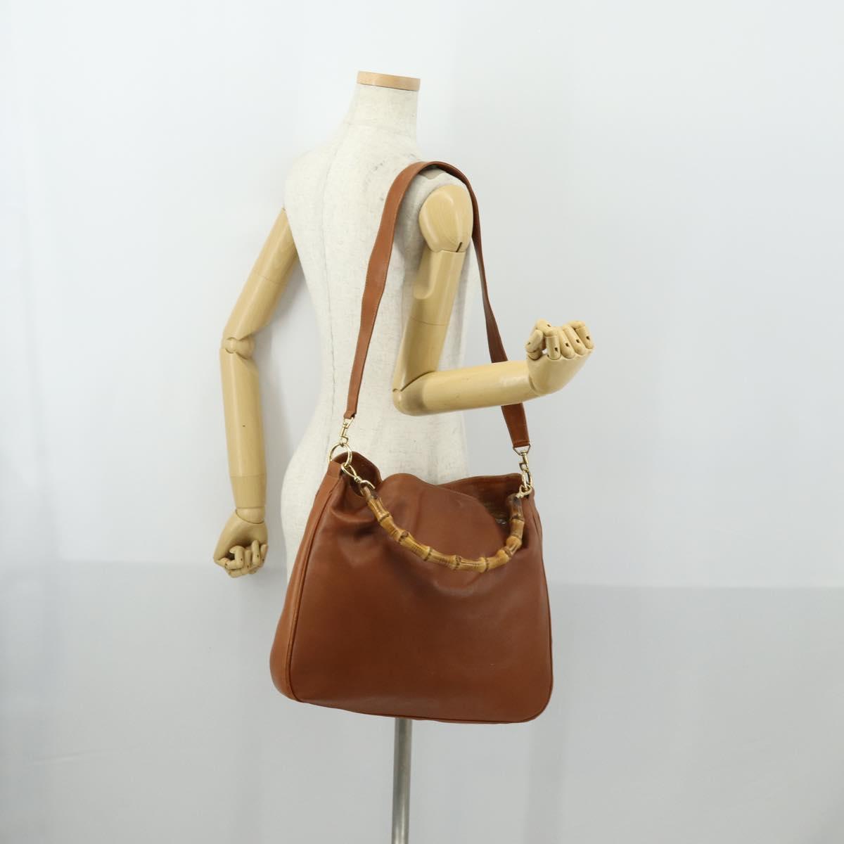 GUCCI Bamboo Shoulder Bag Leather 2way Brown Gold Auth 151516