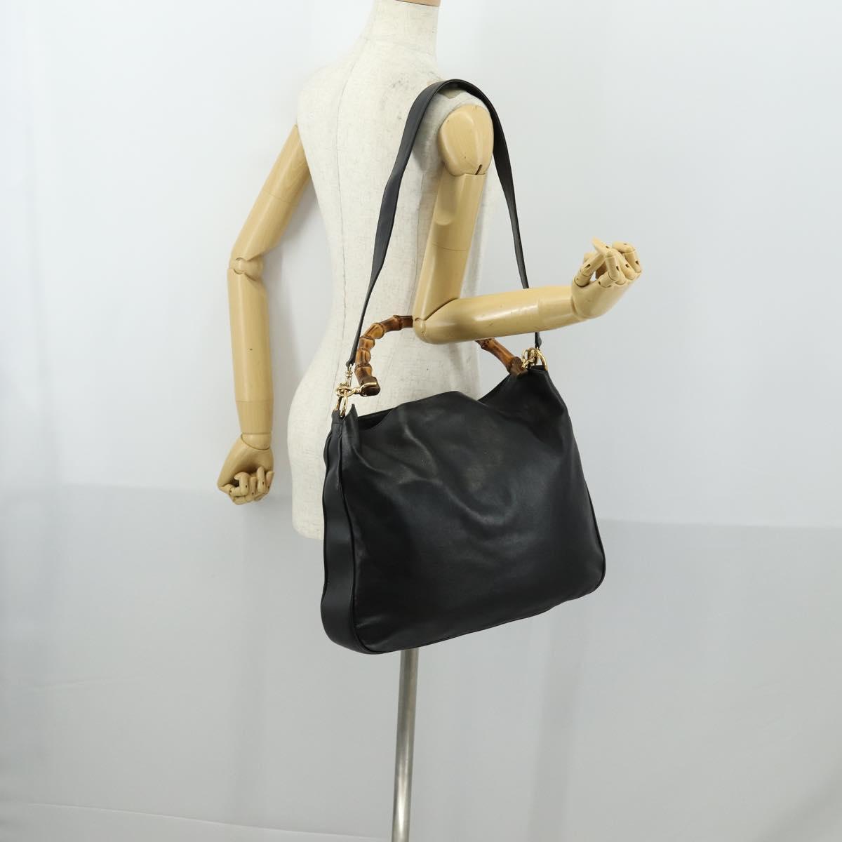 GUCCI Bamboo Shoulder Bag Leather 2way Black Gold 001 1577 2615 Auth 151534