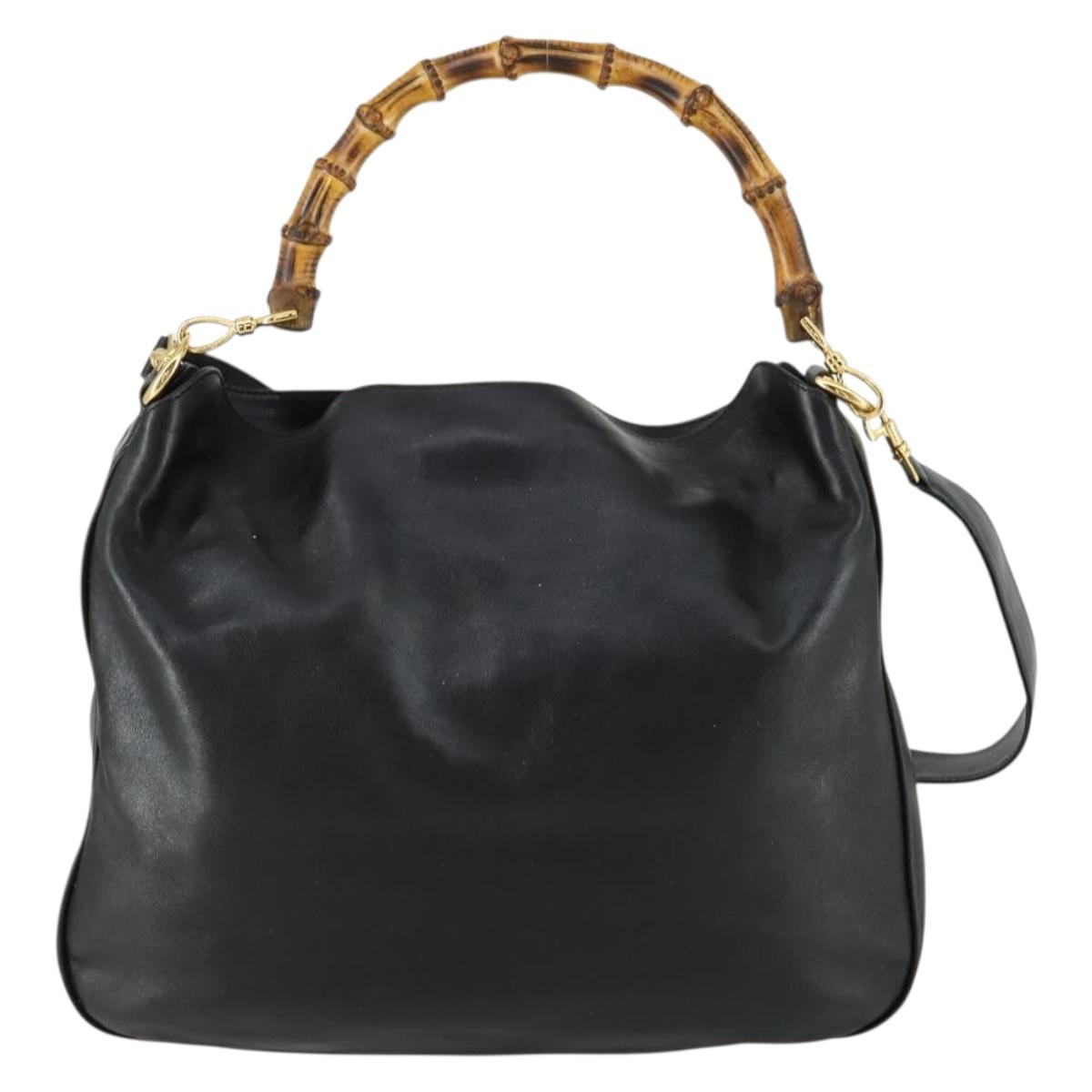 GUCCI Bamboo Shoulder Bag Leather 2way Black Gold 001 1577 2615 Auth 151534