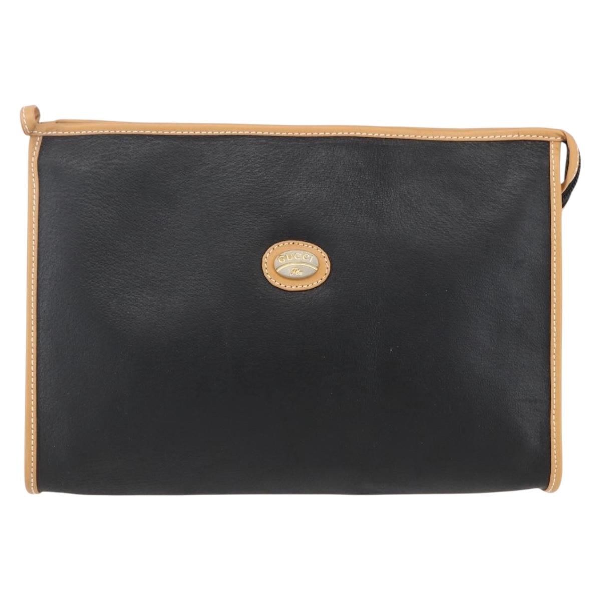 GUCCI Clutch Bag Leather Black Gold Auth 151548