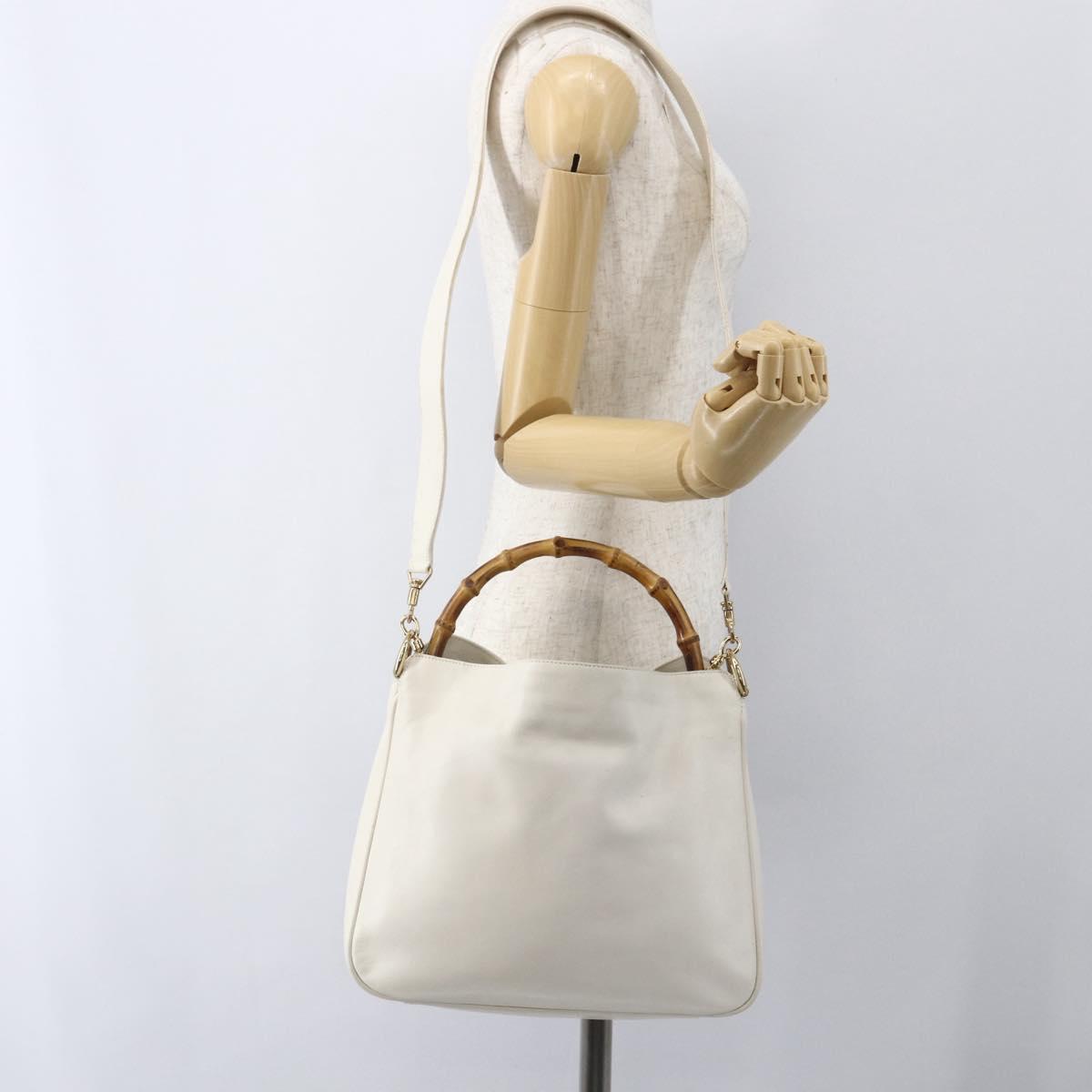 GUCCI Bamboo Shoulder Bag Leather 2way White Gold 001 3444 1638 Auth 151551