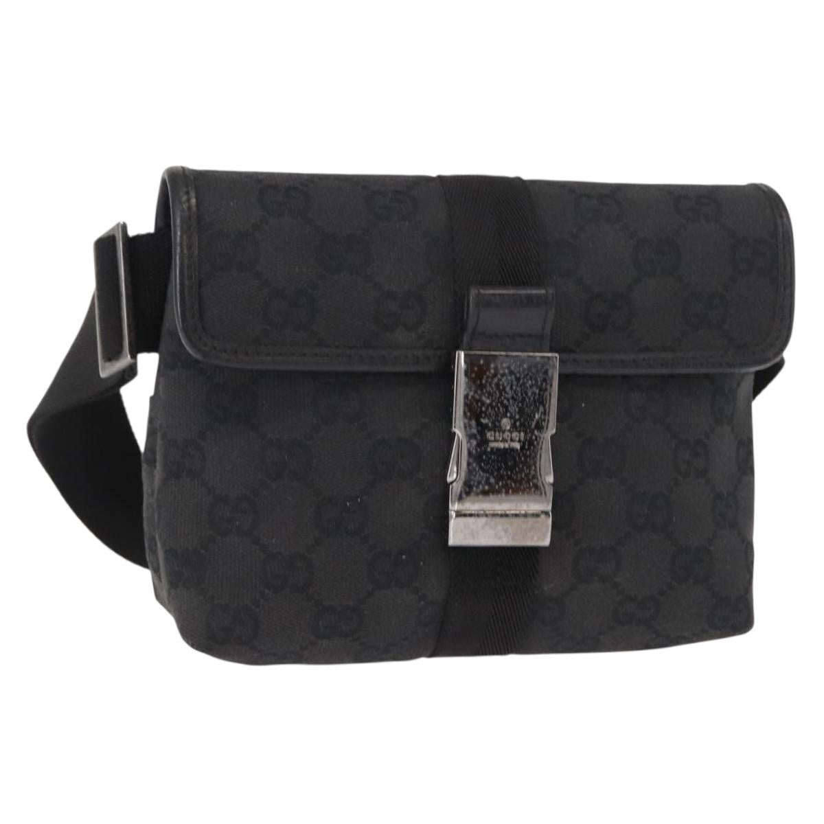 GUCCI GG Canvas Waist Bag Black Silver 131236 Auth 151557
