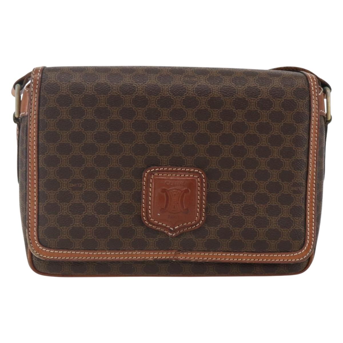 CELINE Macadam Canvas Shoulder Bag PVC Leather Brown Gold Auth 151561