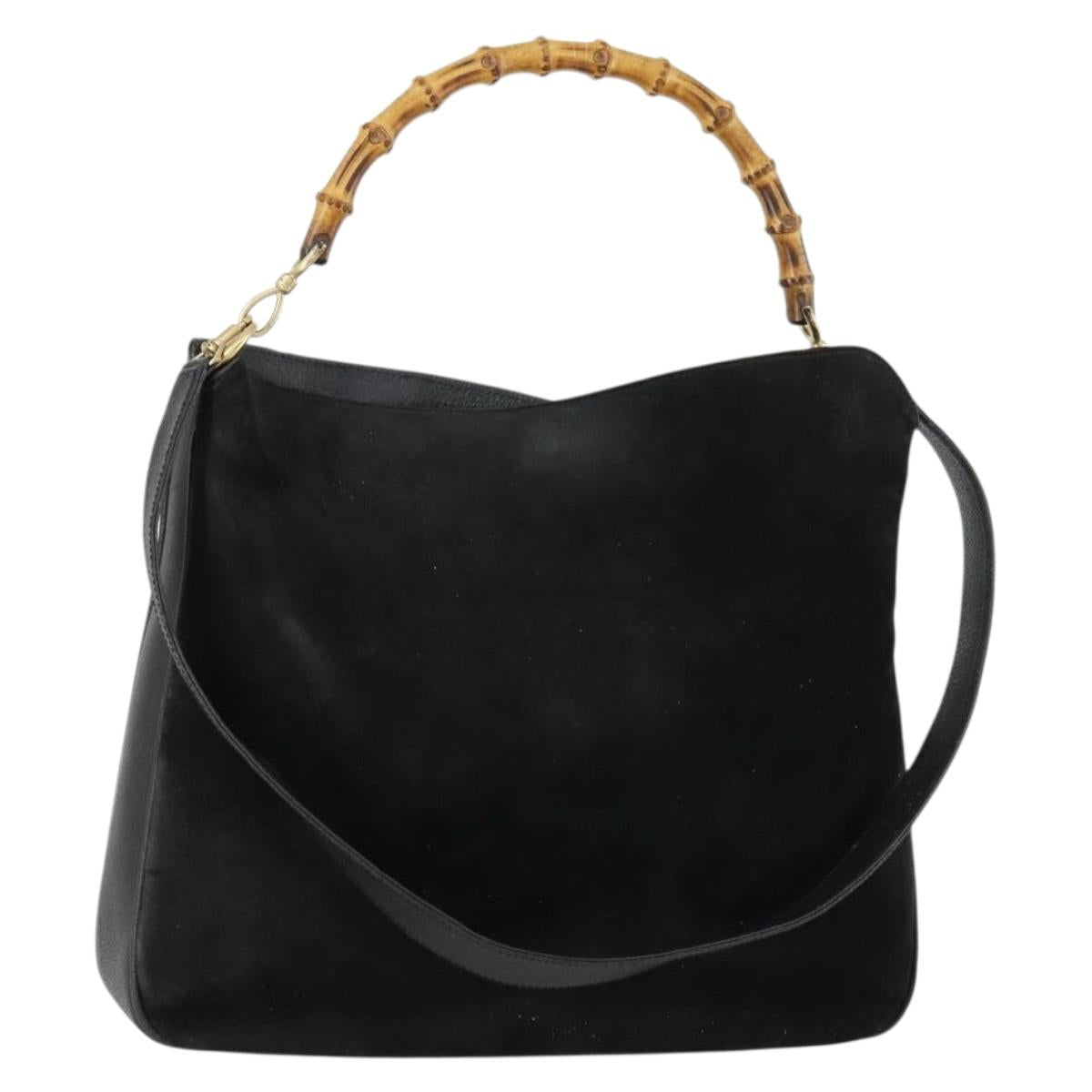 GUCCI Bamboo Shoulder Bag Suede 2way Black Gold 001 2113 1577 Auth 151562