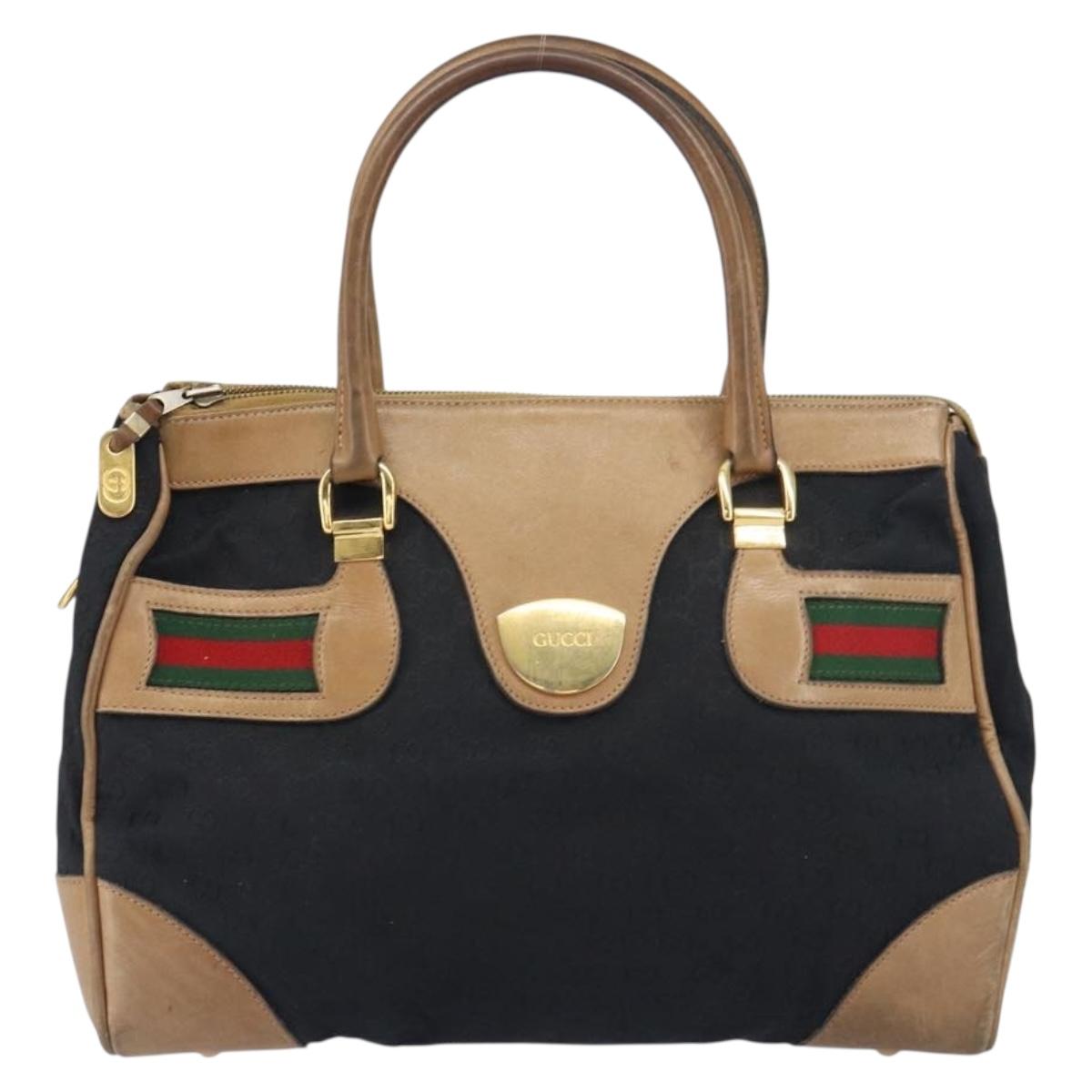 GUCCI GG Canvas Web Sherry Line Boston Bag Black Gold Auth 151566