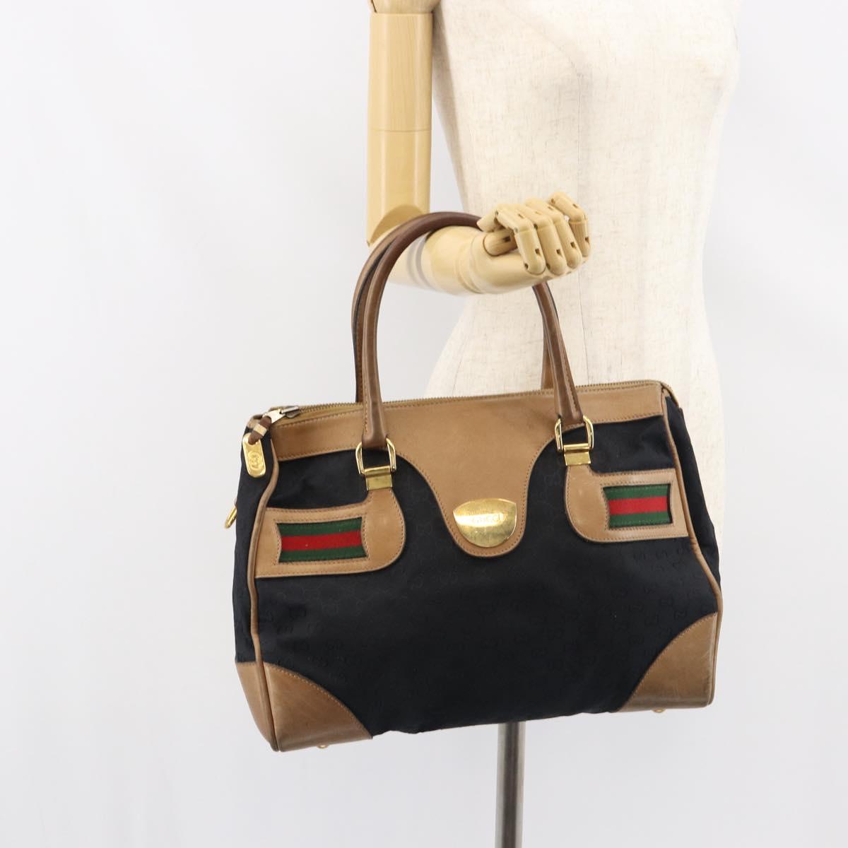GUCCI GG Canvas Web Sherry Line Boston Bag Black Gold Auth 151566