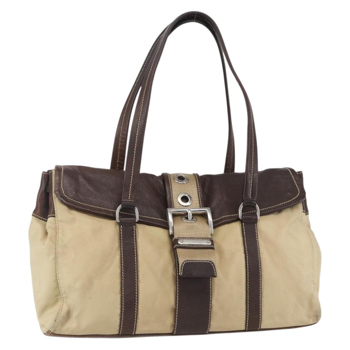 PRADA Hand Bag Nylon Beige Silver Auth 151576