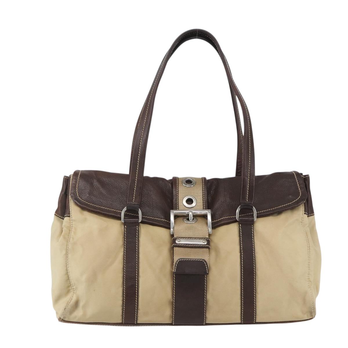 PRADA Hand Bag Nylon Beige Silver Auth 151576
