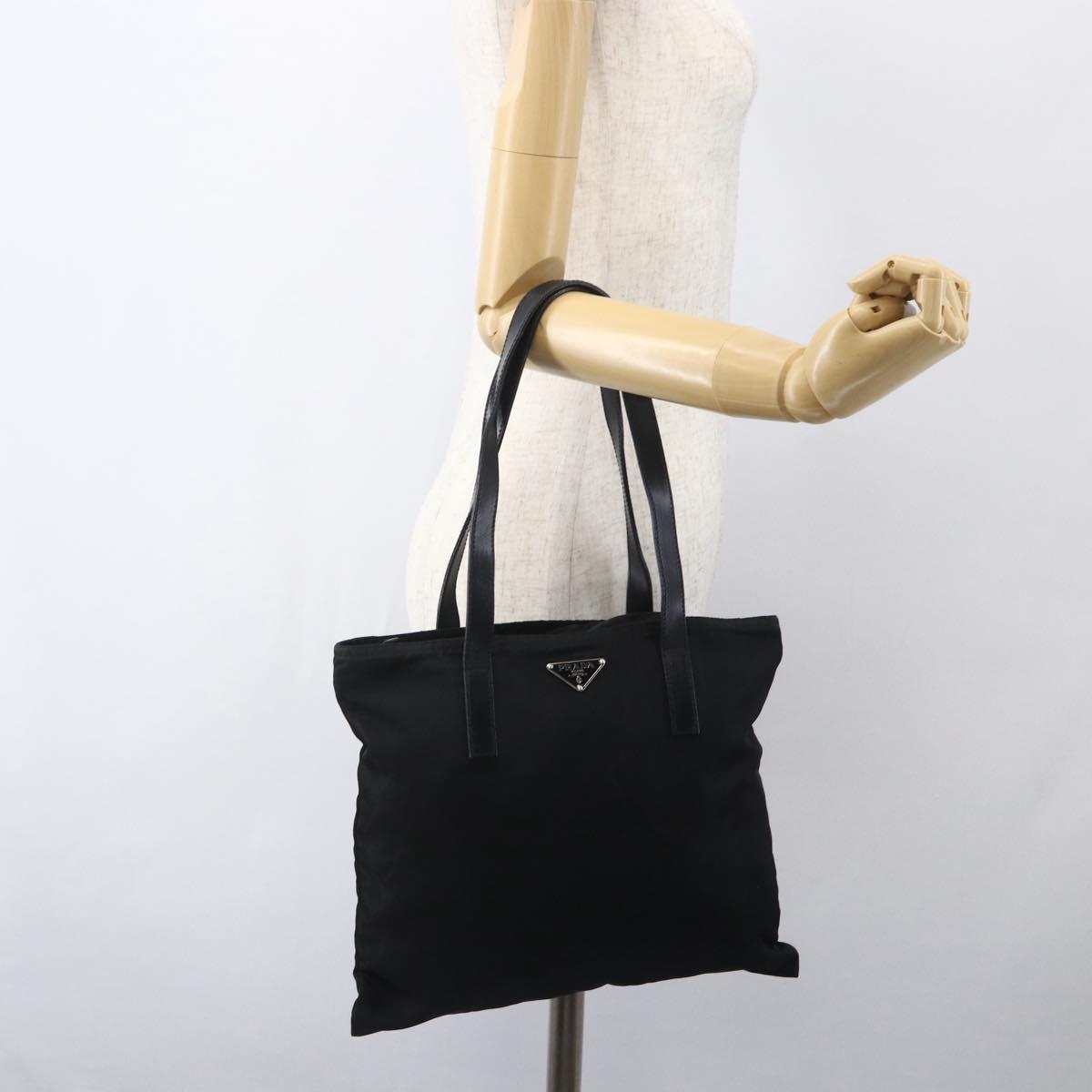 PRADA Tote Bag Nylon Black Silver Auth 151579