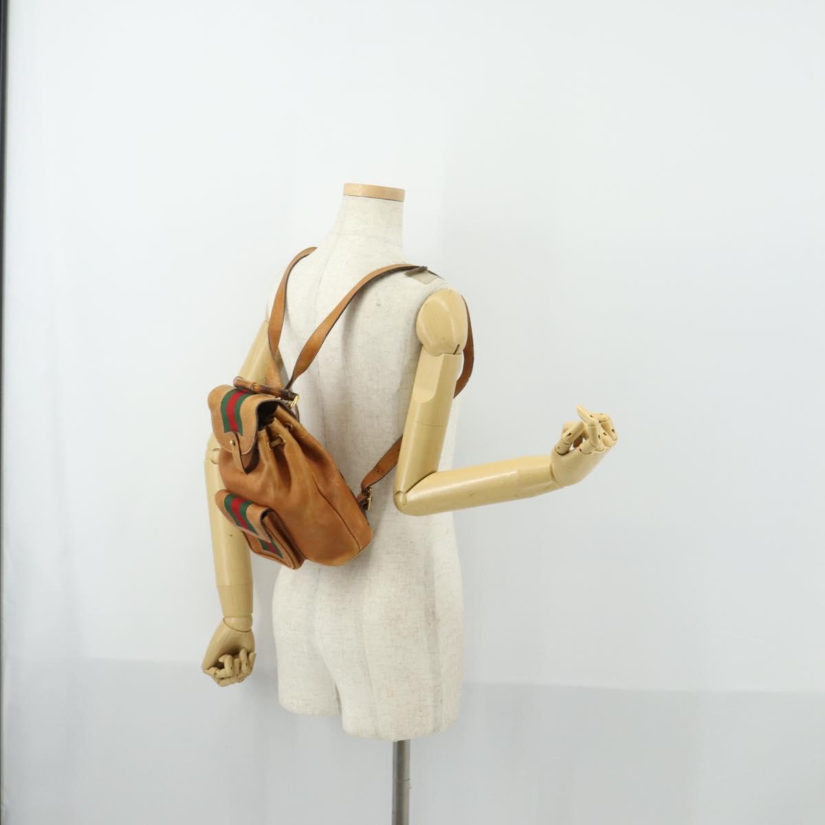GUCCI Bamboo Web Sherry Line Backpack Leather Brown Red Auth 151581