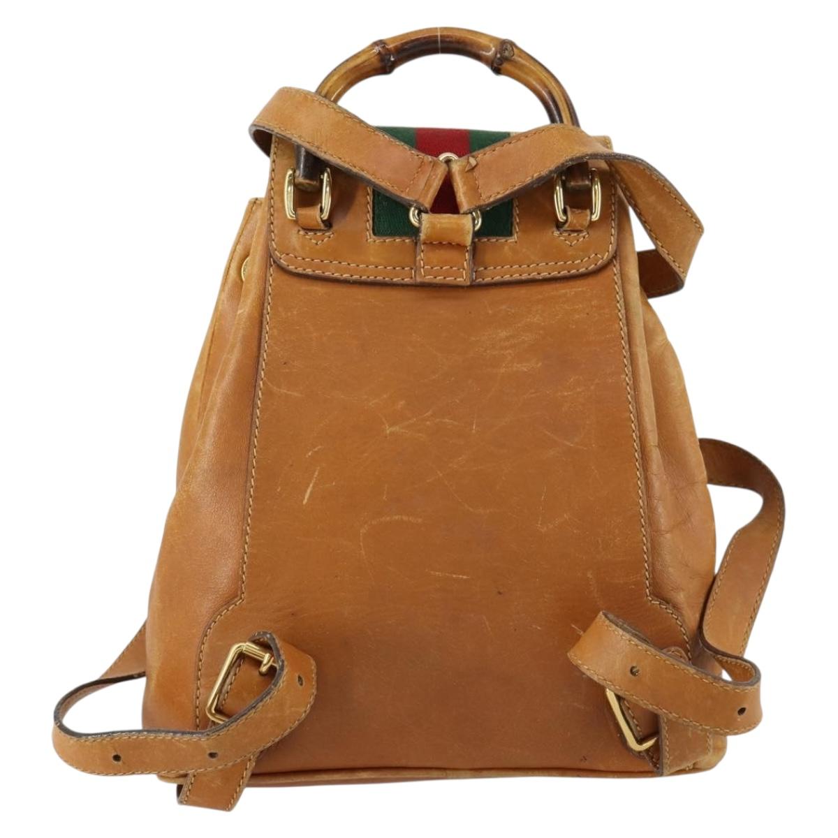 GUCCI Bamboo Web Sherry Line Backpack Leather Brown Red Auth 151581