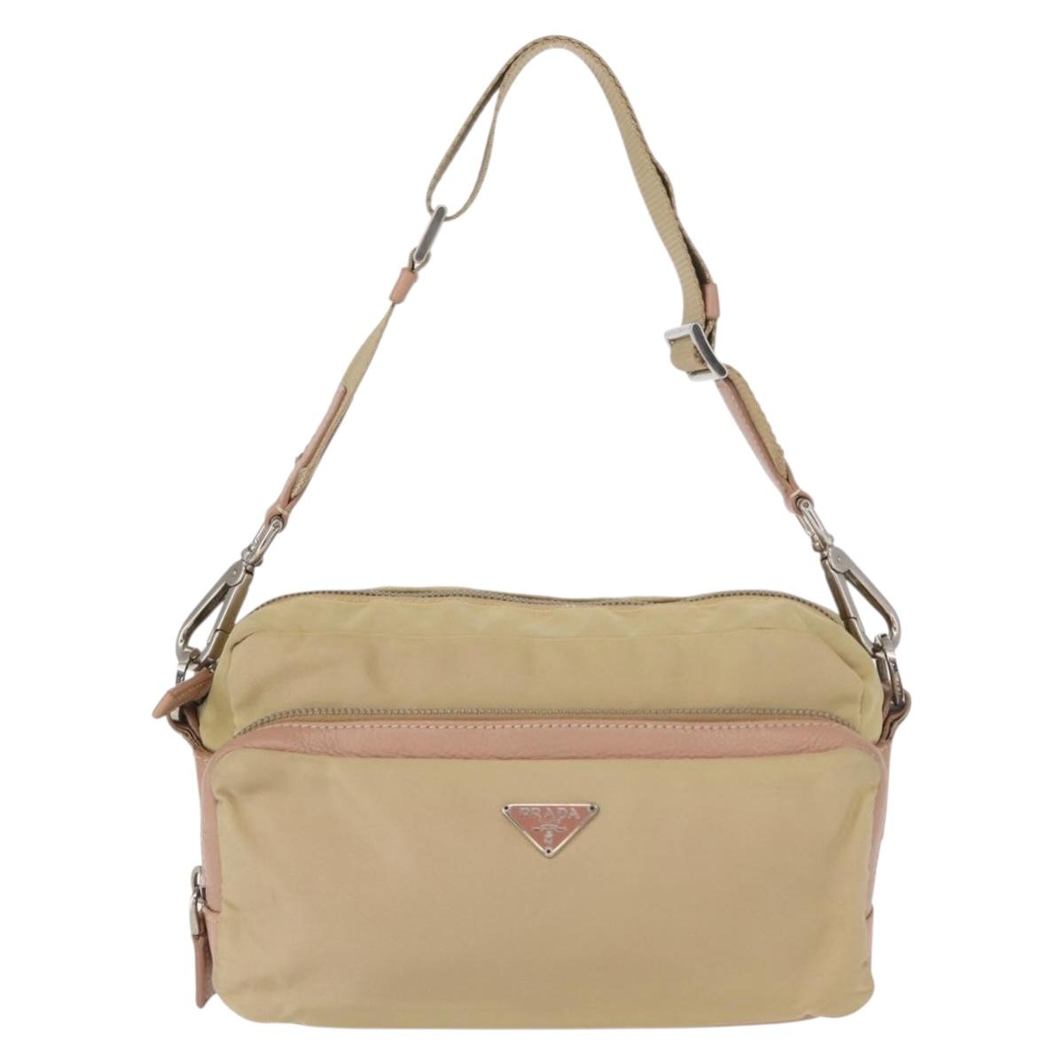 PRADA Shoulder Bag Nylon Beige Silver Auth 151605