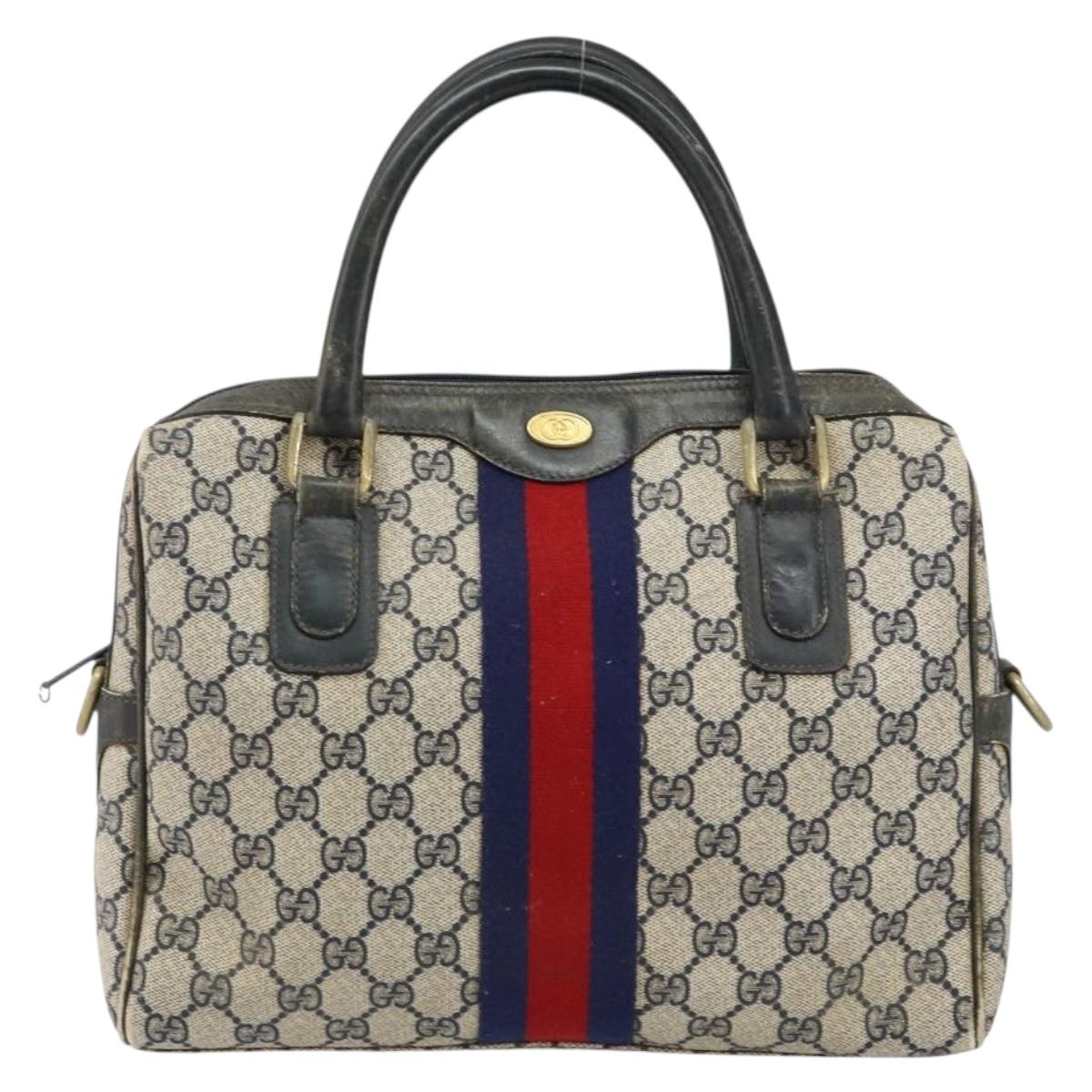 GUCCI GG Supreme Sherry Line Hand Bag PVC Navy Gold Auth 151610