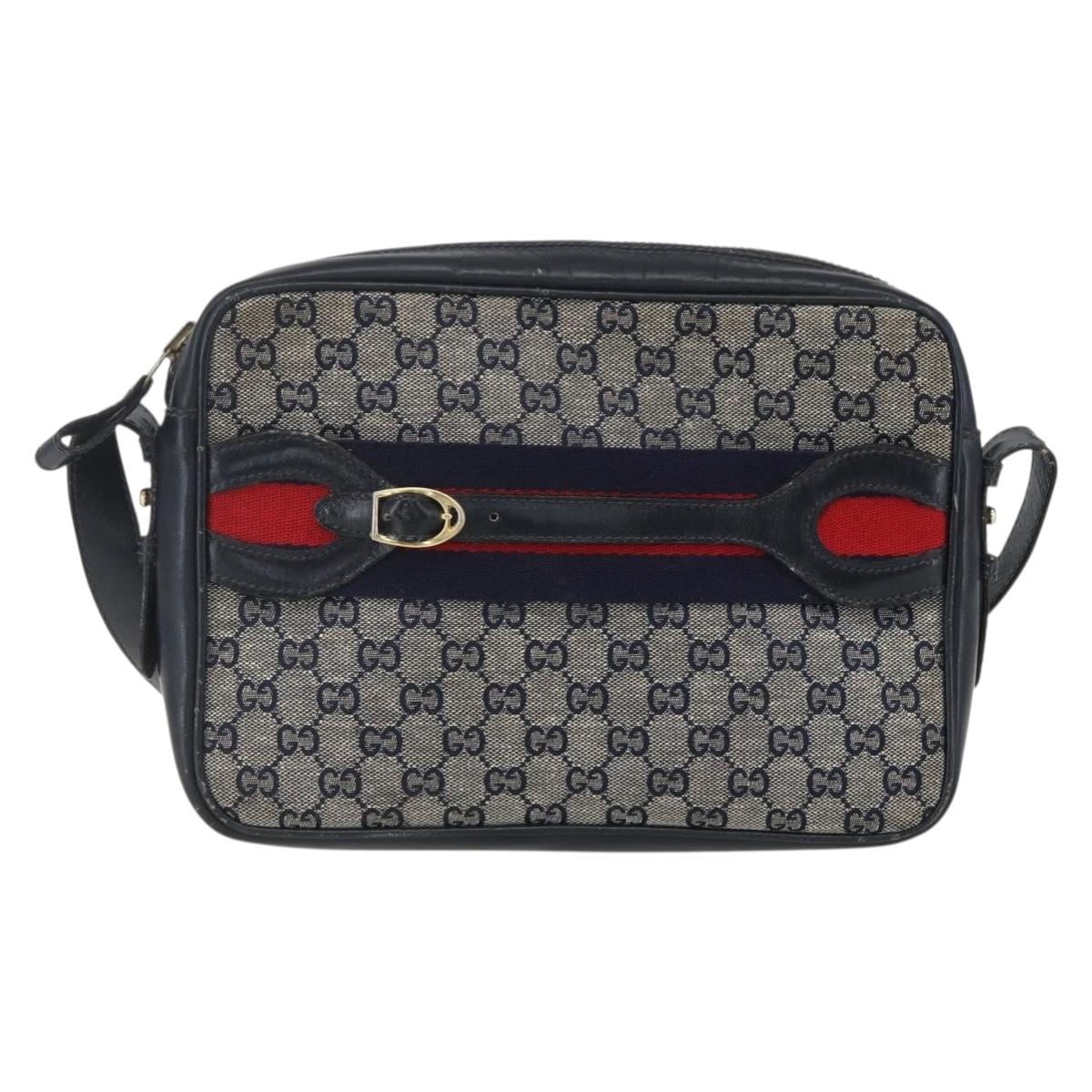 GUCCI GG Canvas Sherry Line Shoulder Bag Navy Gold Auth 151612