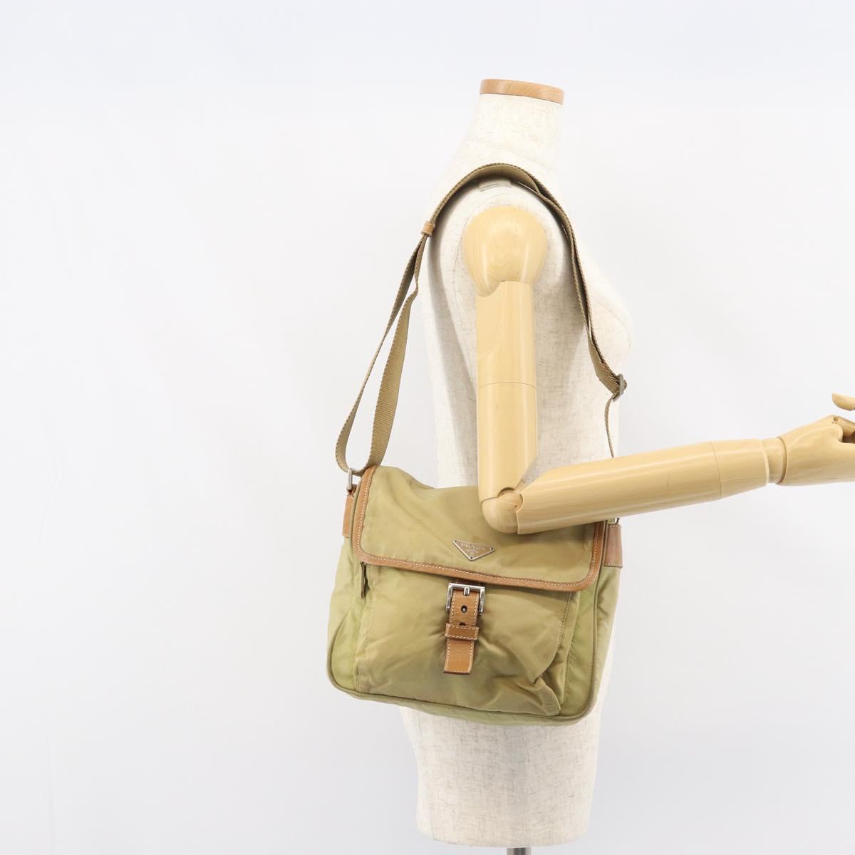 PRADA Shoulder Bag Nylon Beige Silver Auth 151654