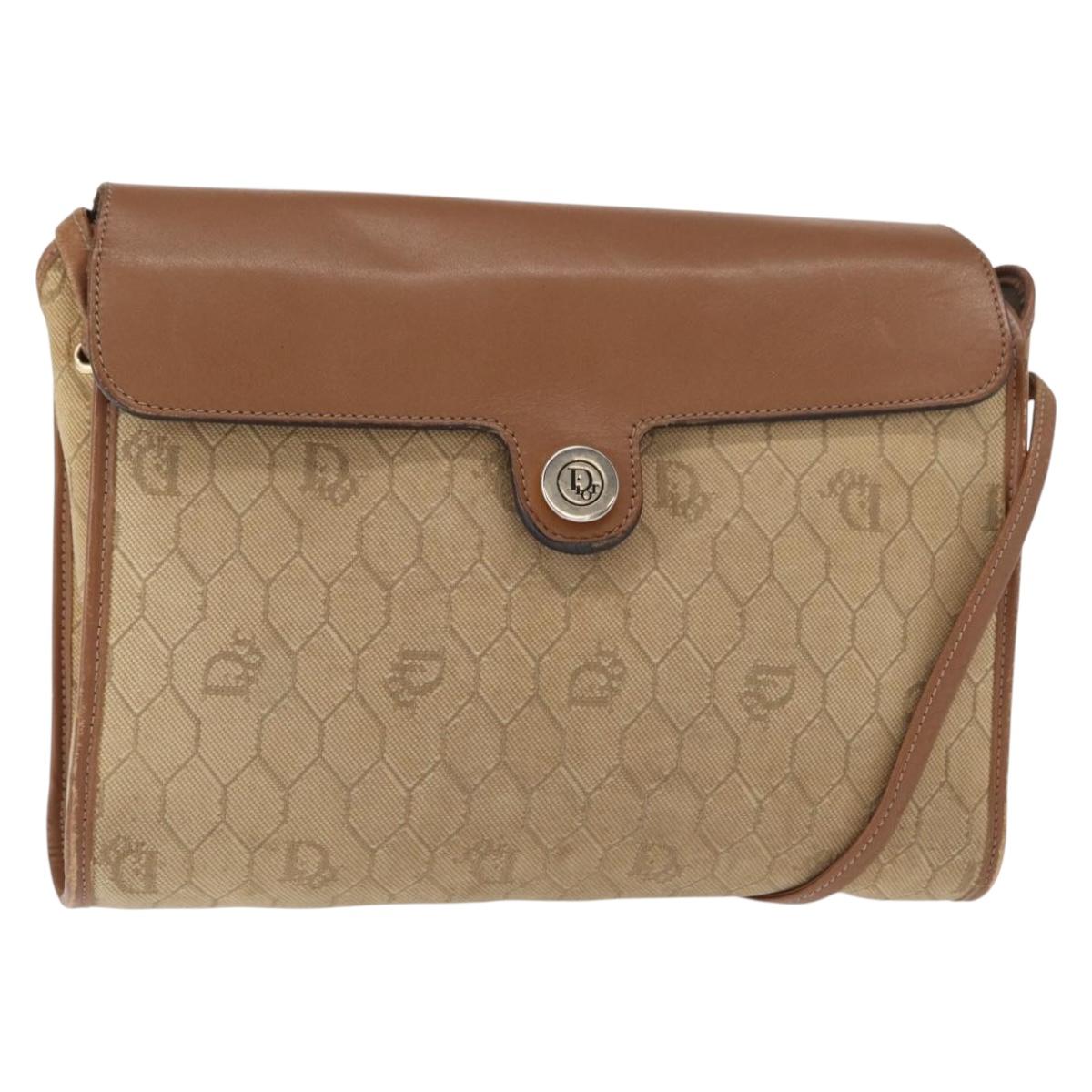 Christian Dior Honeycomb Canvas Shoulder Bag PVC Beige Gold Auth 151672