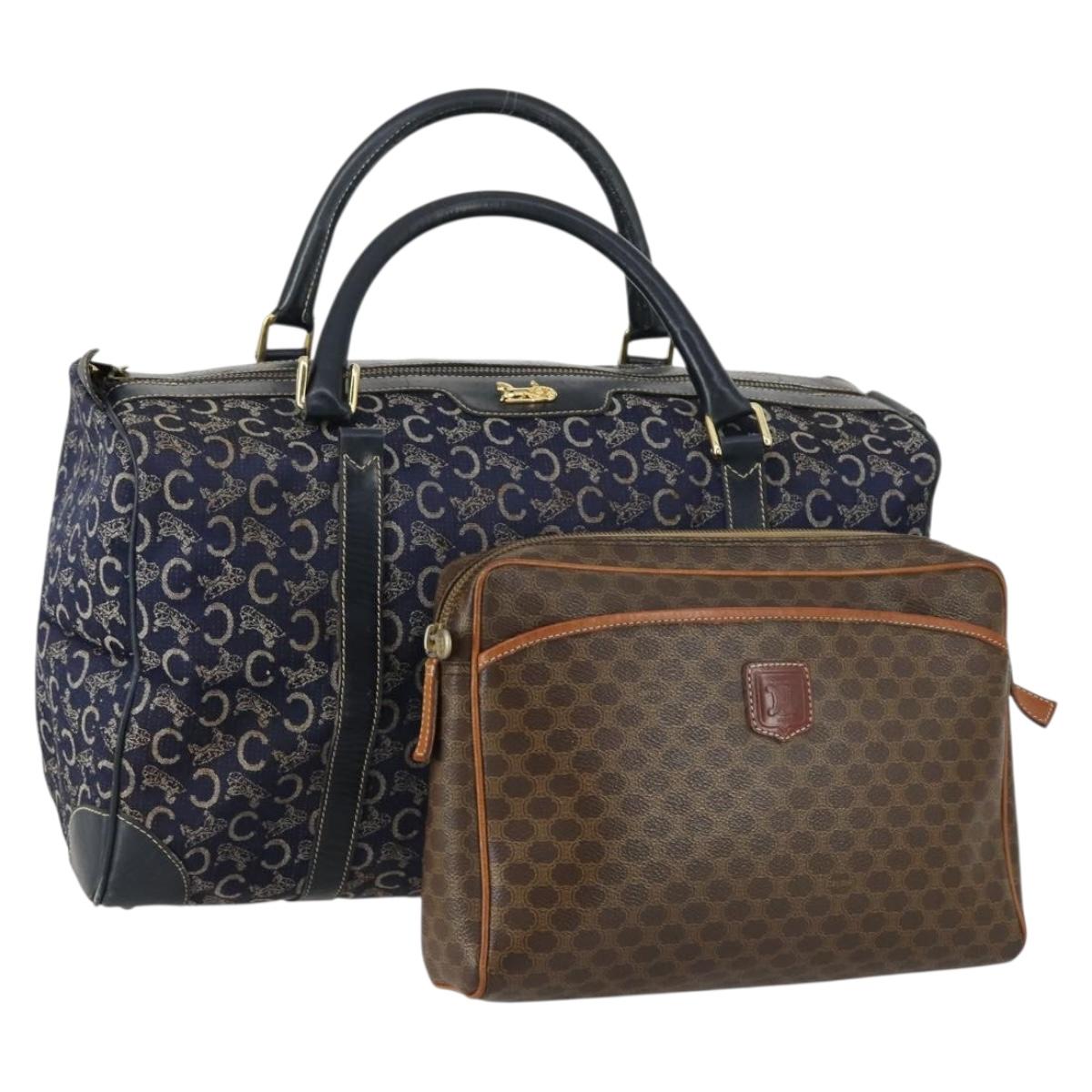 CELINE Macadam Canvas C Sulky Hand Bag PVC 2 Set Brown Navy Auth 151692