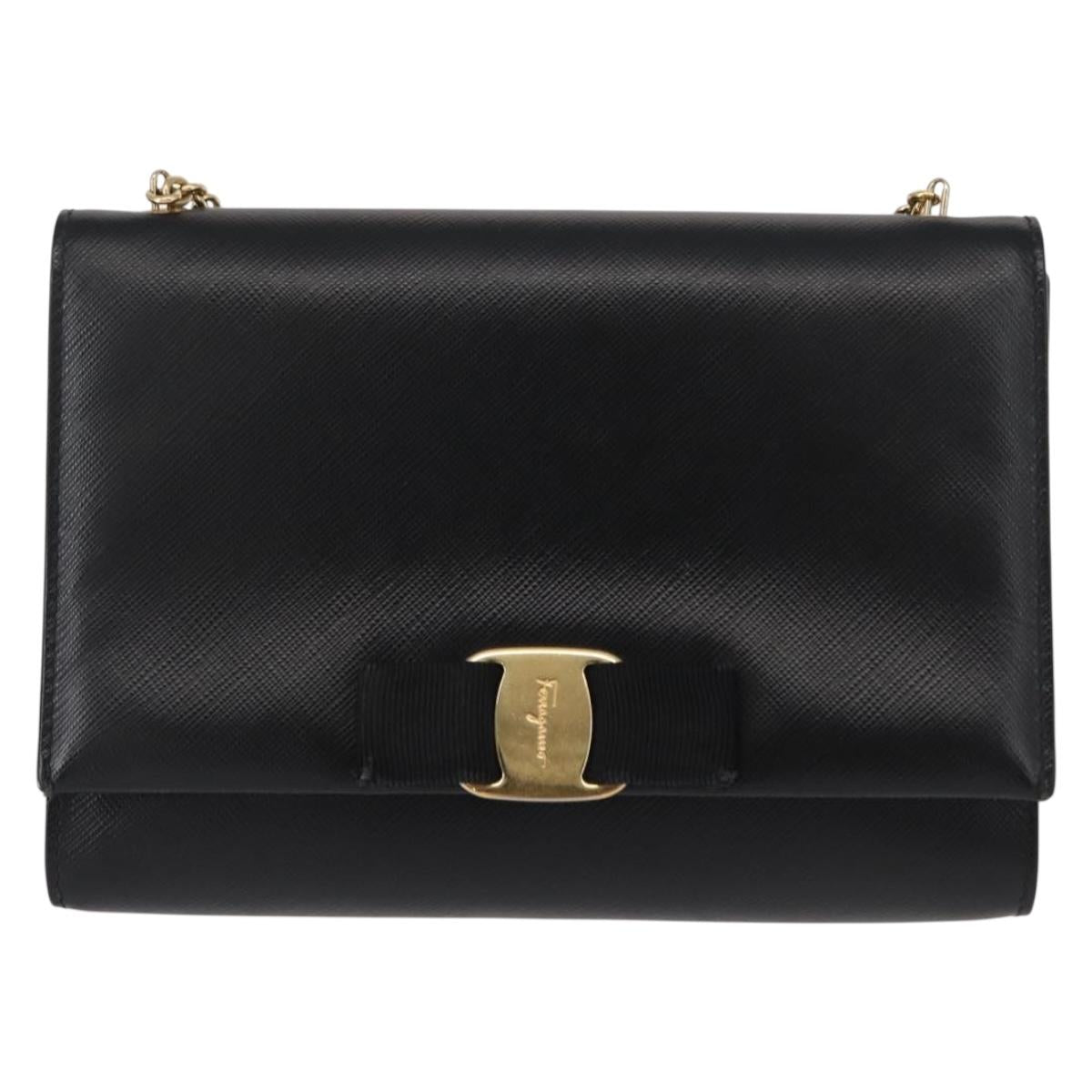Salvatore Ferragamo Chain Shoulder Bag Leather Black Gold Auth 151702