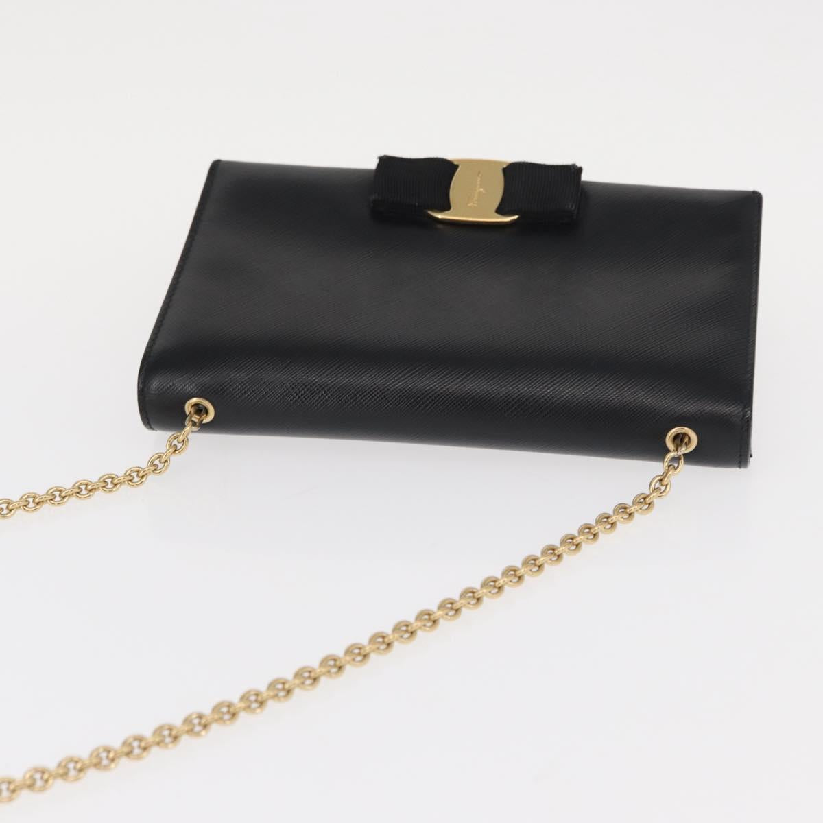 Salvatore Ferragamo Chain Shoulder Bag Leather Black Gold Auth 151702