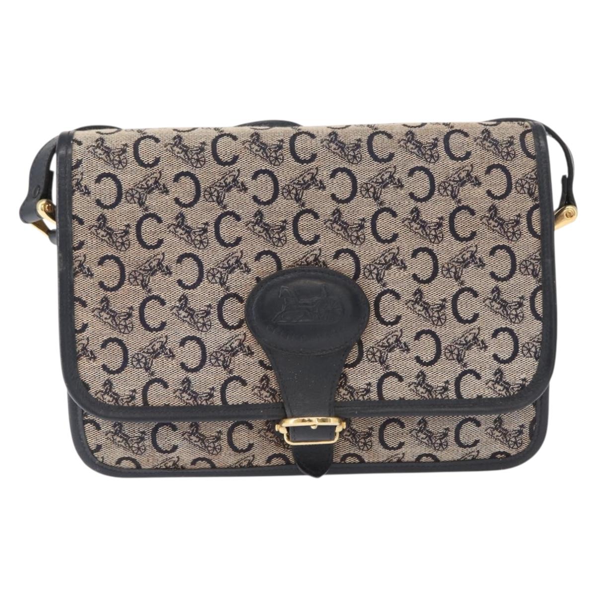 CELINE C Sulky Shoulder Bag Canvas Navy Gold Auth 151728
