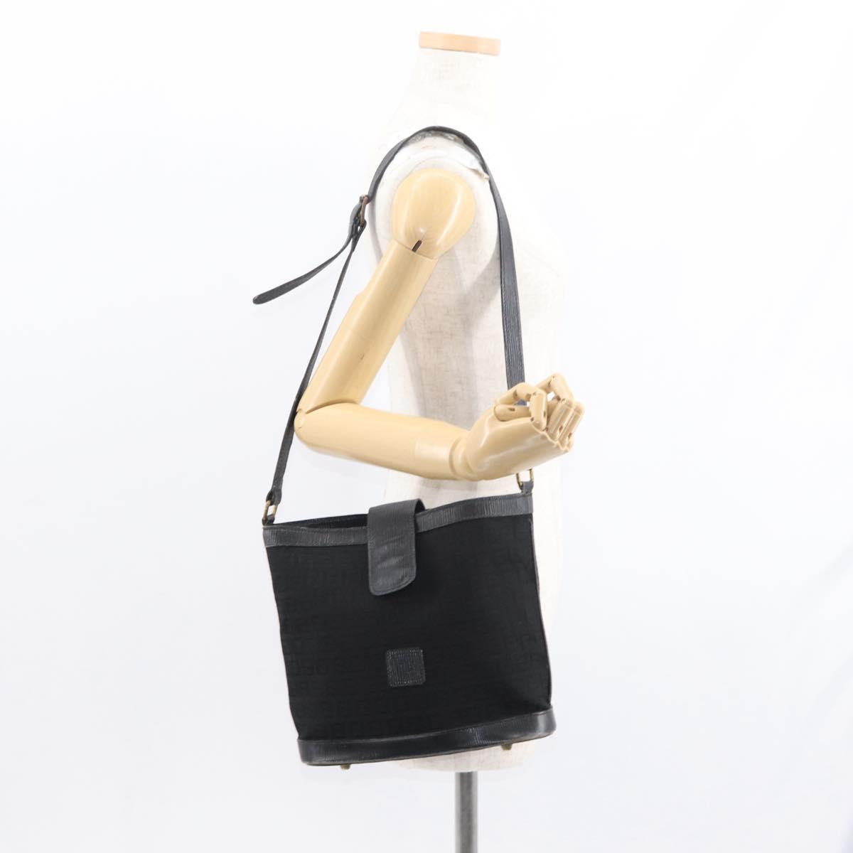 FENDI Zucchino Canvas Shoulder Bag Black Gold Auth 151737