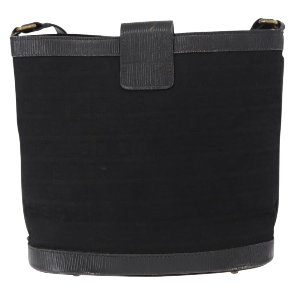 FENDI Zucchino Canvas Shoulder Bag Black Gold Auth 151737