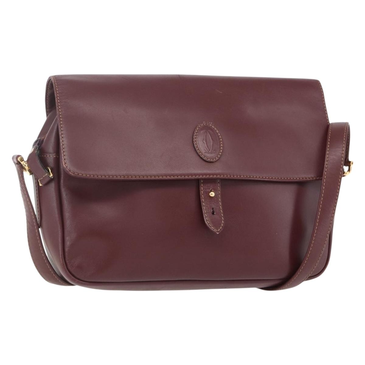 CARTIER Must Line Shoulder Bag Leather Bordeaux Gold Auth 151746
