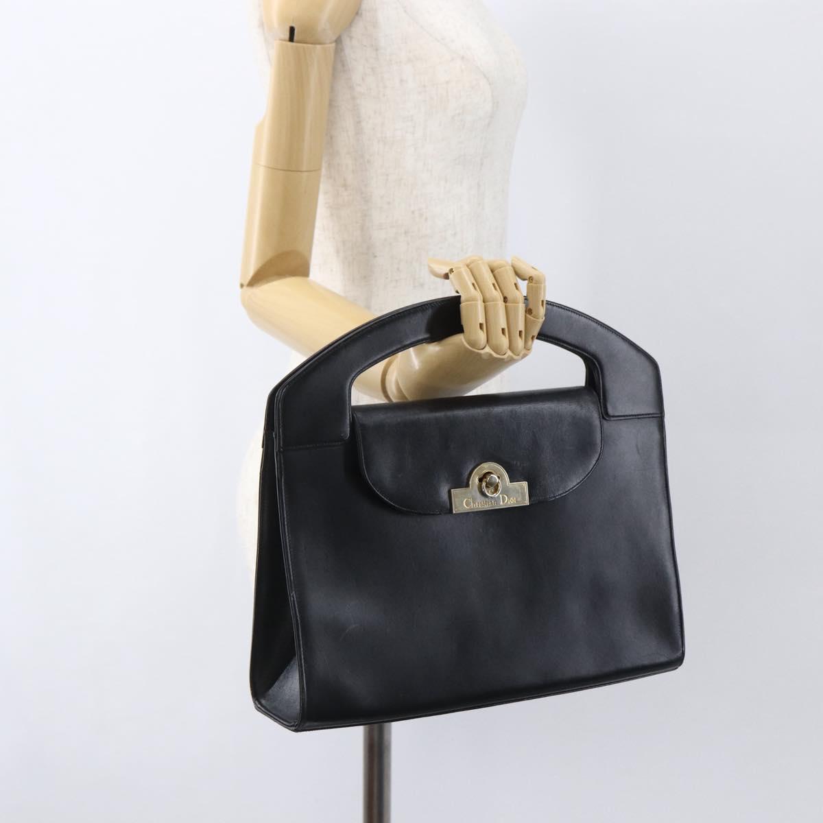 Christian Dior Hand Bag Leather Black Gold Auth 151752